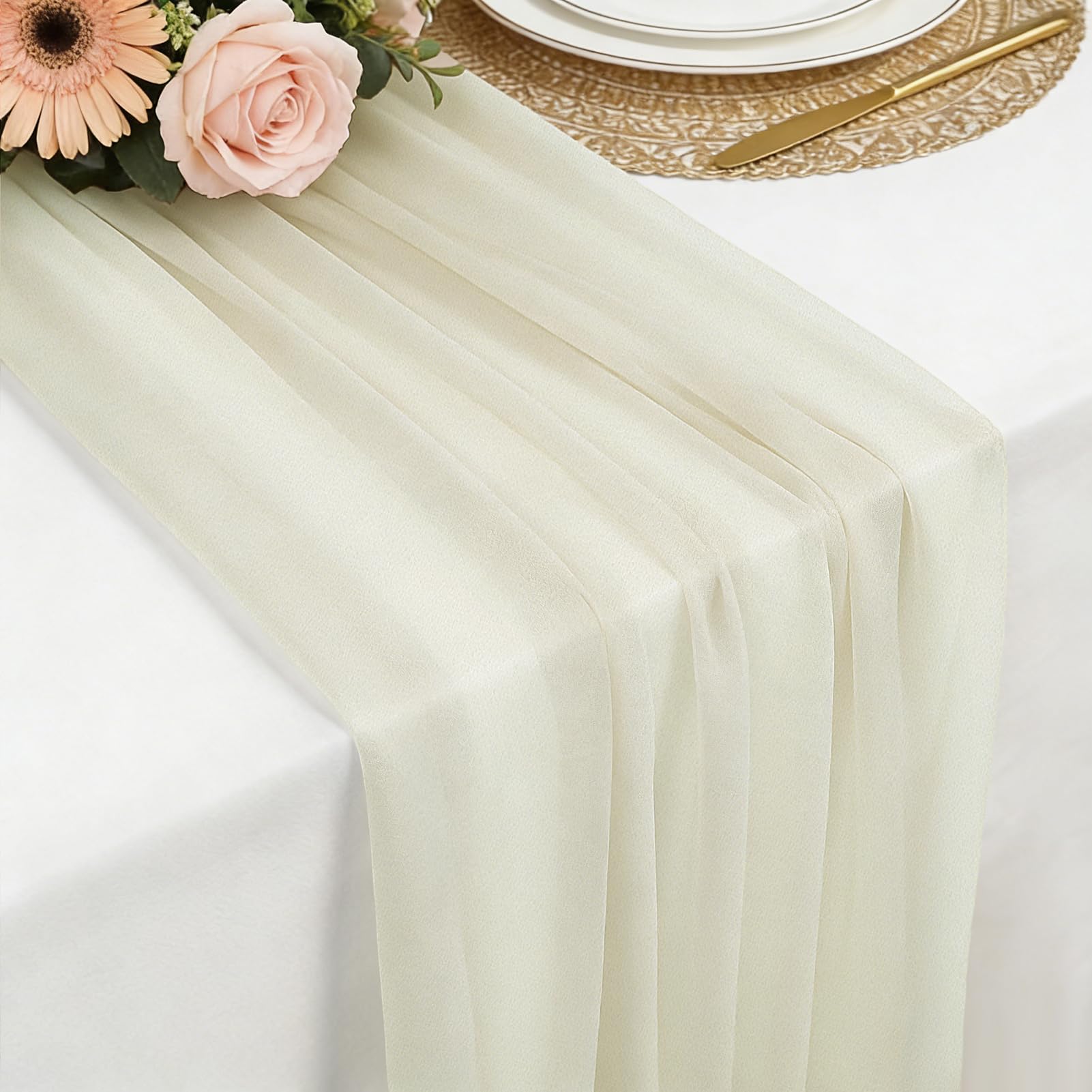 Chiffon Table Runner Beige, 77 x 300 cm Soft and Comfortable Table Runner for Boho Wedding, Party, Baptism Decor, Baby Shower, Bridal Shower Kitchen Table Decoration