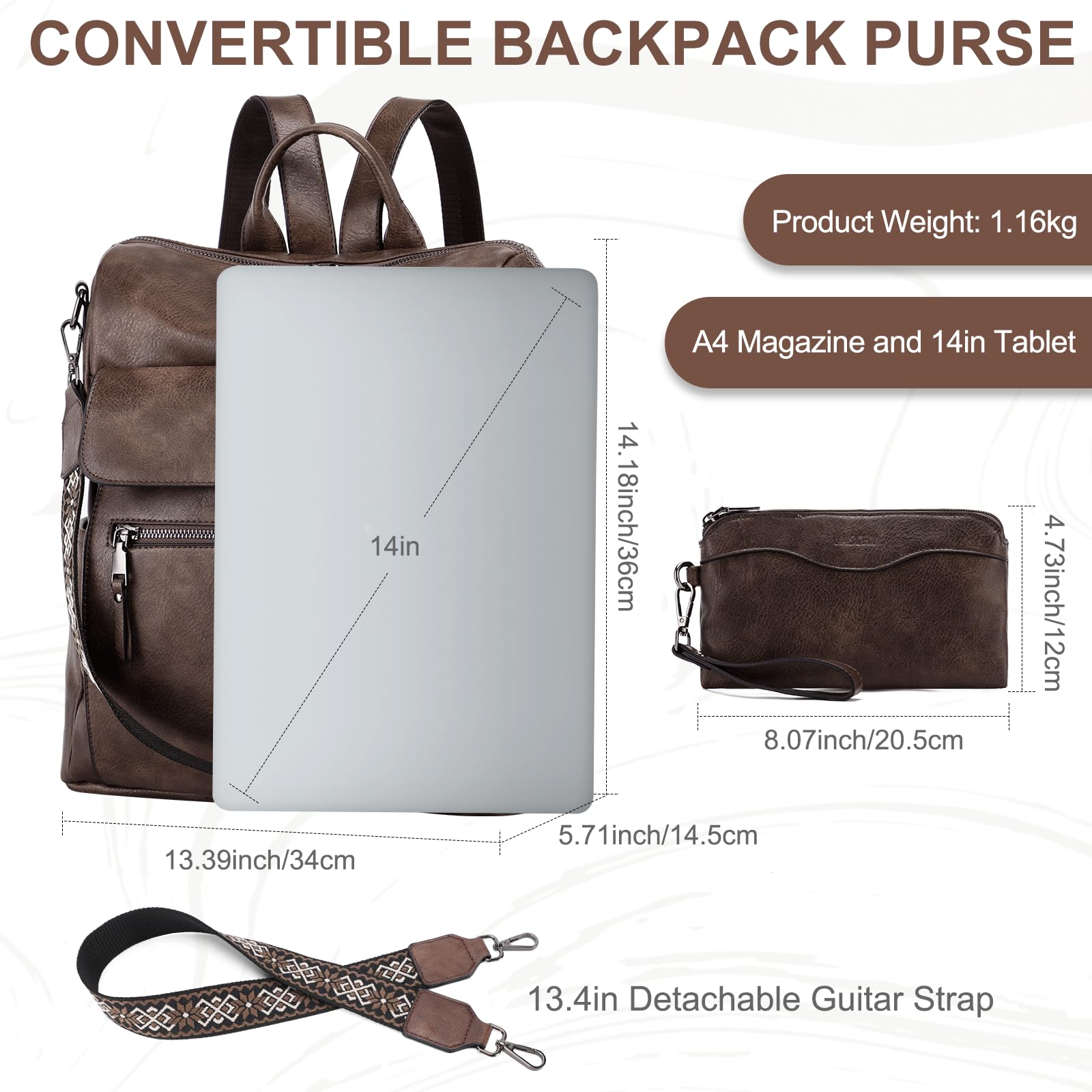 VASCHY Sac a Dos Femme, Grand Antivol 2 en 1 Sac à Main Porté Dos en Cuir PU Élégant Poches Multiples Set de Sac à Dos Fille avec Pochette pour Travail Voyage École Café