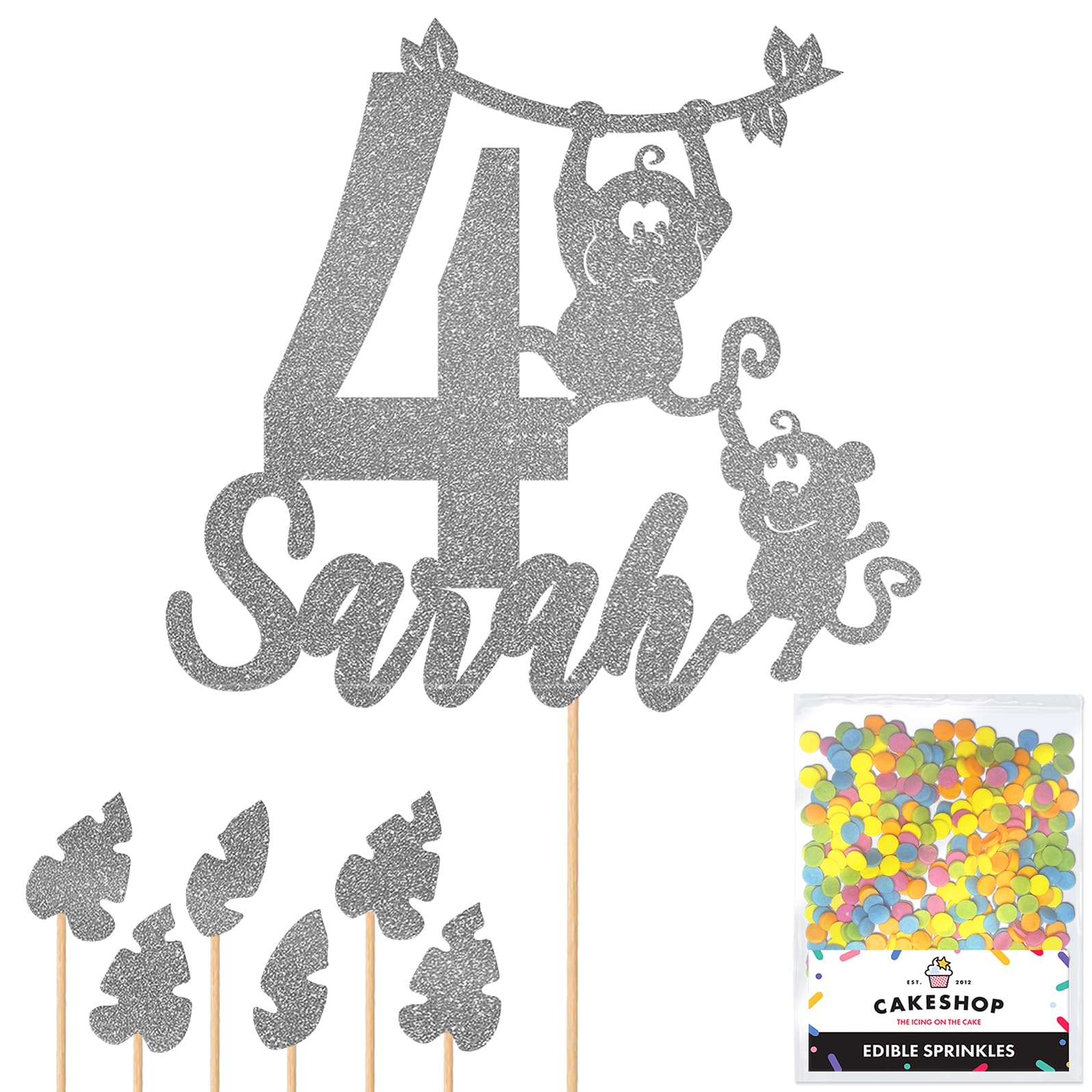 Personalised Birthday Jungle Monkey Glitter Cake Topper Dk Silver Any Custom Age & Name Glitter Cake Decoration and Sprinkles - Happy Birthday Decorations - Personalised Toppers for Cakes by Cakeshop