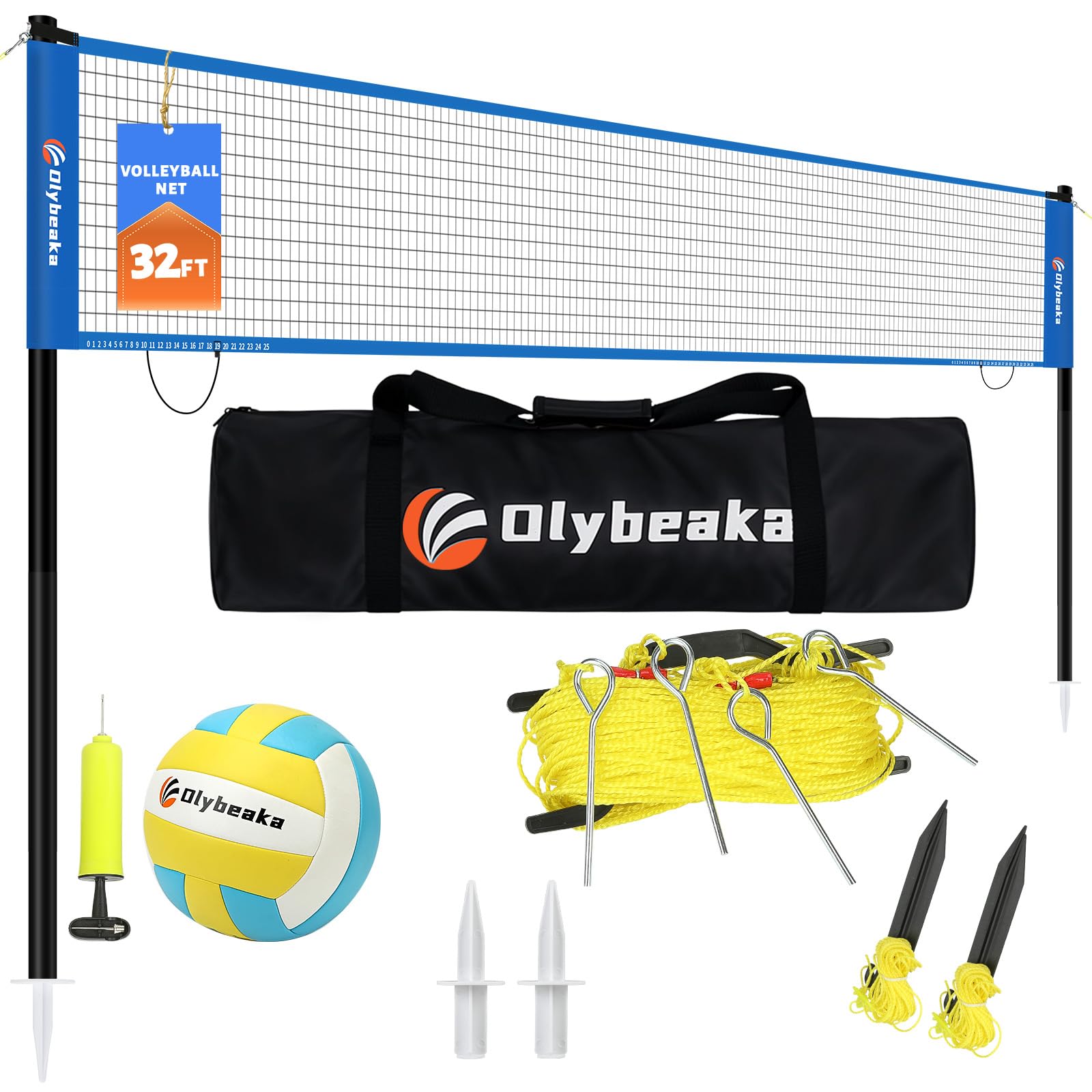 Photo 1 of 32ft Regulation Size Portable Outdoor Volleyball Net Set System for Backyard Beach with Height Adjustable Poles, PU Volleyball and Pump, Carry Bag, Boundary Line - Easy Set Up & Anti-Sagging (Blue)