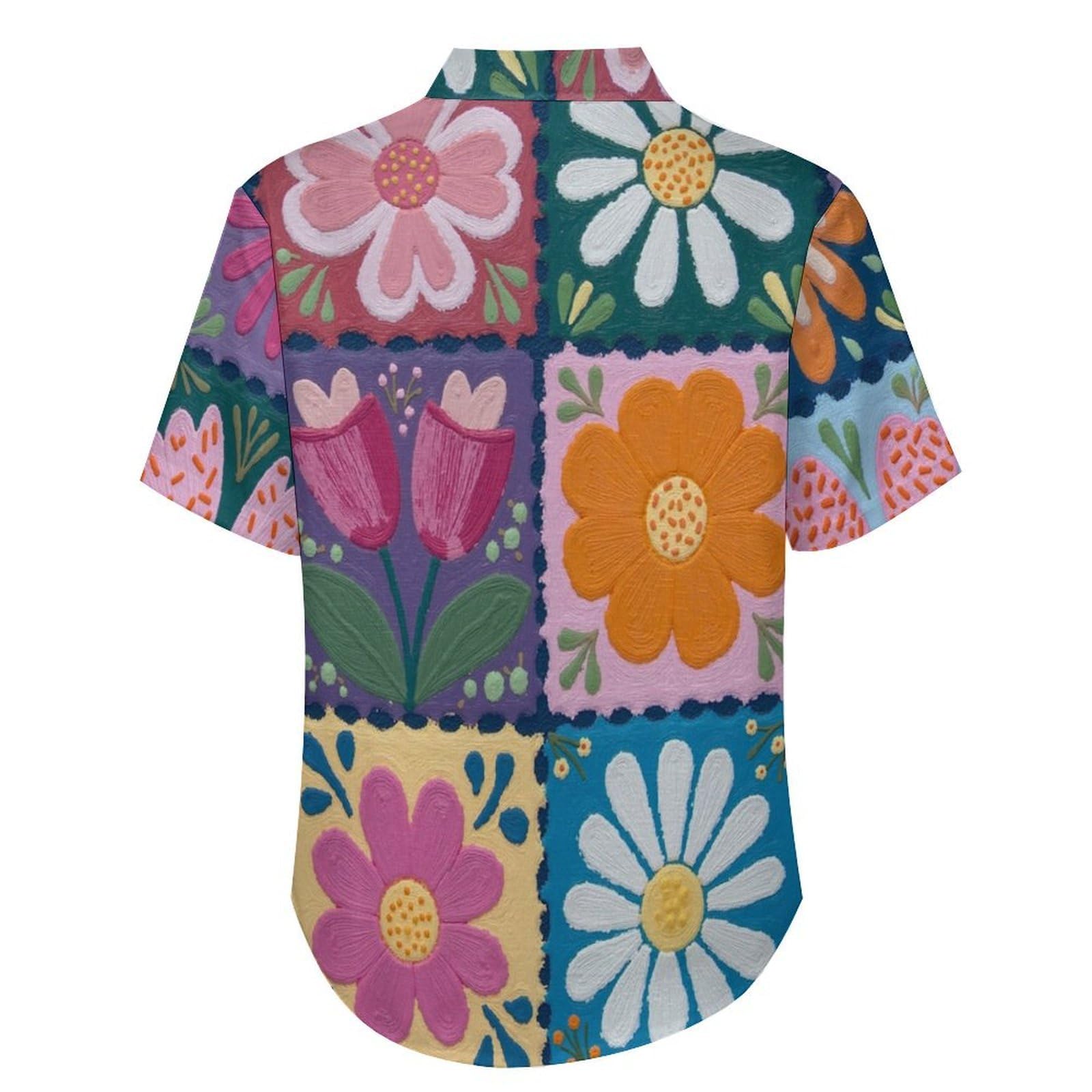 Camicia Casual da Uomo, Margherite Tulipani Stampa Maglietta Estiva a Maniche Corte Stile Patchwork Dipinto A Mano Casual Button Down Hawaiani Camicie Risvolto Spiaggia Top