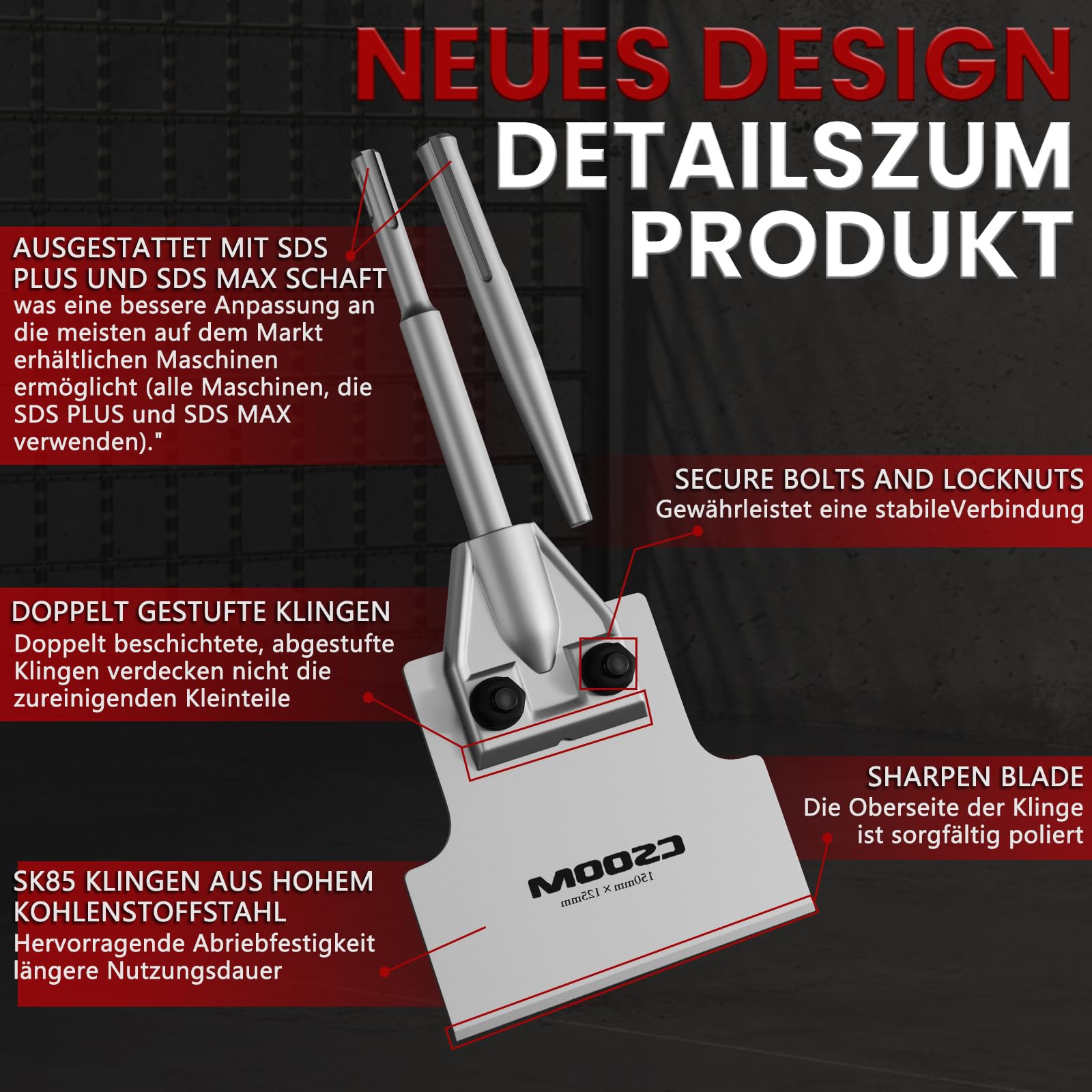 CSOOM SDS-Plus Kit de burins 300 x 125 mm avec lames de rechange et tiges de rechange, spatule de sol pour extraire les colles, tapis, linoléum, colle pour carrelage, carrelage en PVC et peinture