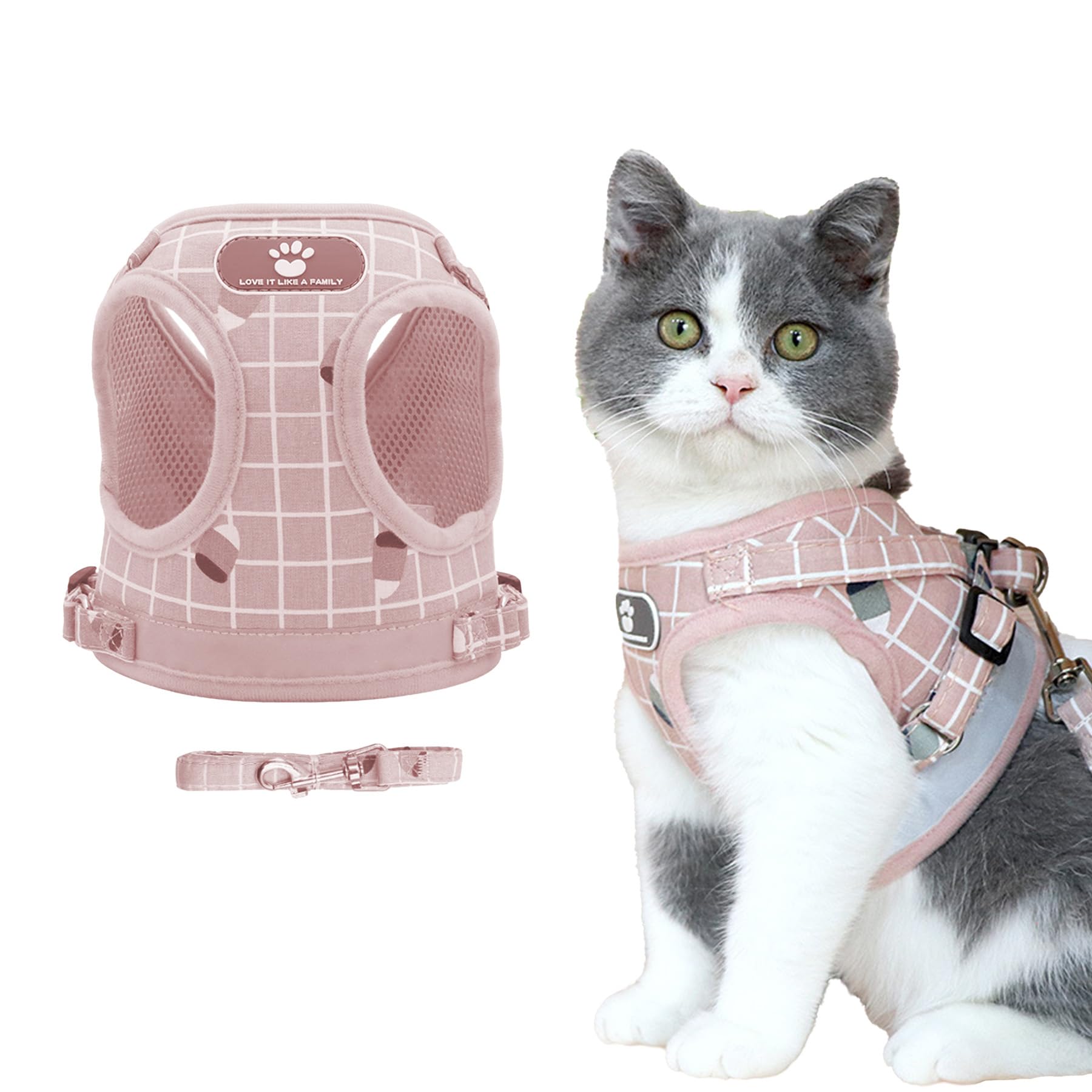 MAIGO Pink/Grey Tartan Adjustable Vest-style Reflective Pet Harness, Cat Harness, Cat Harness And Lead Set