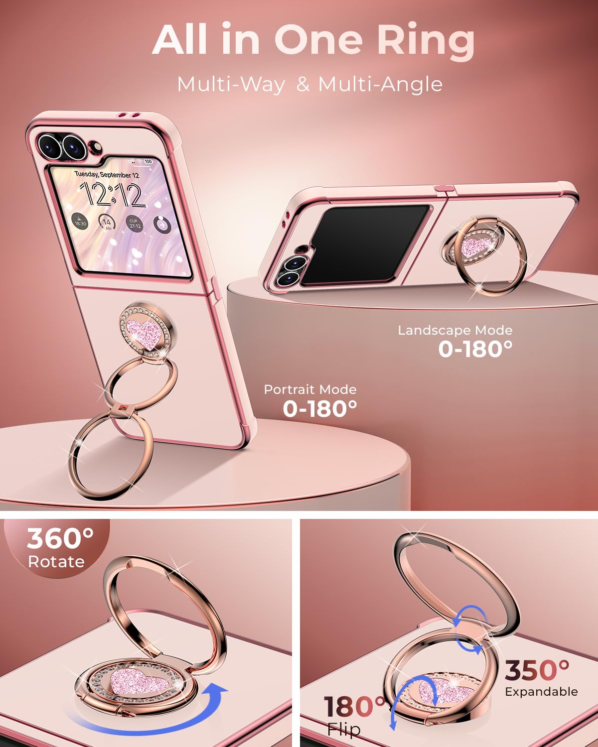XYZ Coque pour Samsung Galaxy Z Flip 5 / Flip 6, avec Double Anneau de Support Cœur, avec Lanière pour Filles et Femmes, Coque de Protection Luxe Mignonne et Scintillante, Rose