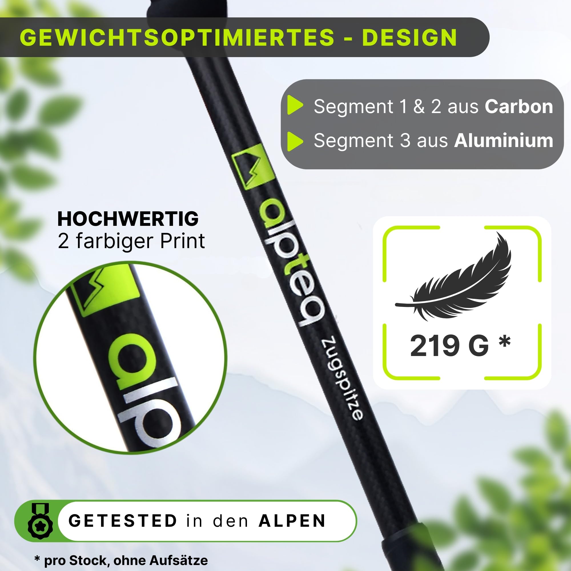 Teleskopowe kijki trekkingowe z włókna węglowego – model zielony – ultralekkie kijki trekkingowe dla kobiet, mężczyzn i dzieci | regulowane 65-135 cm | kijki Nordic Walking z korkowym uchwytem