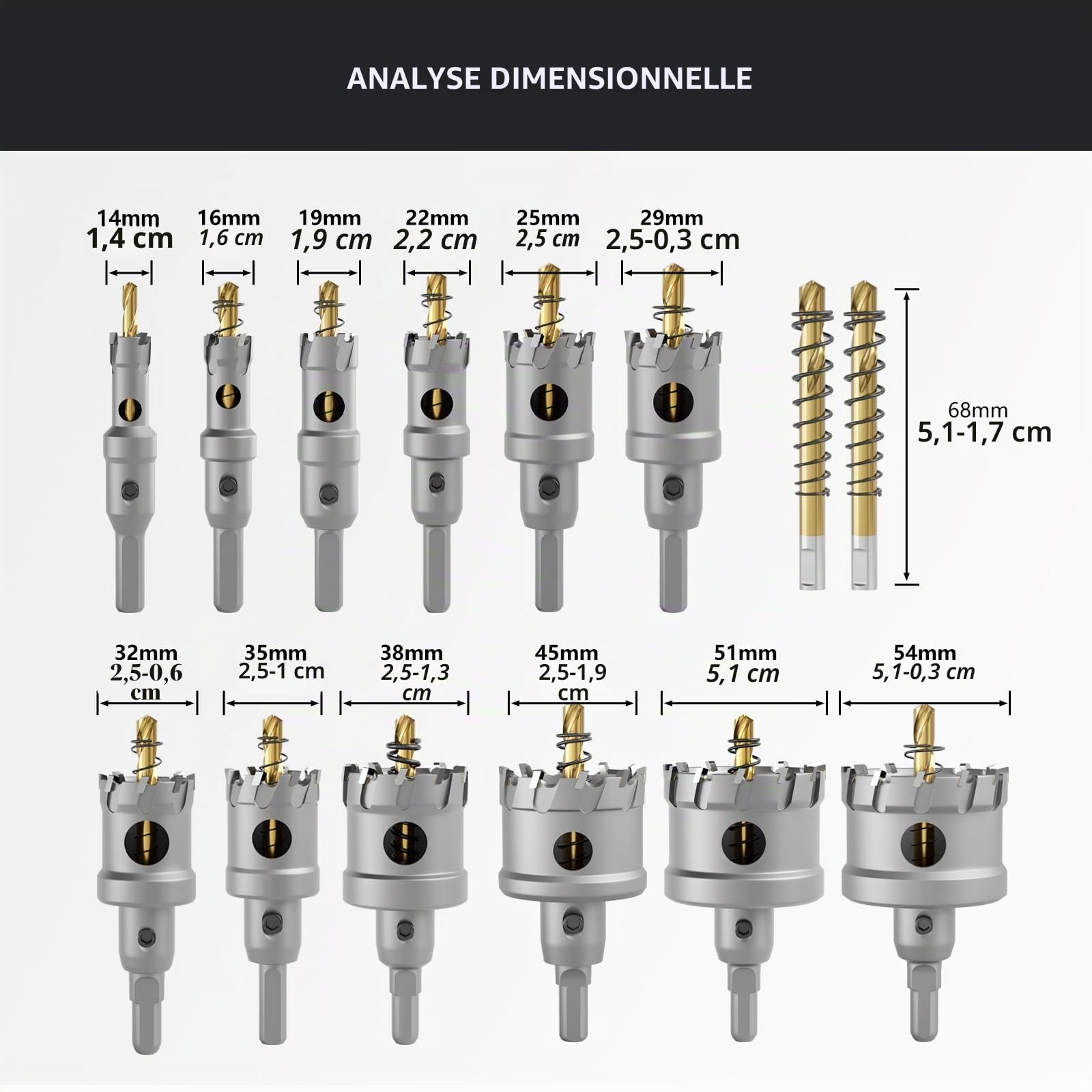 CSOOM Lot de 14 scies cloche en carbure de tungstène haute performance, avec 2 forets centraux pilotes extra revêtus de titane et 2 clés en L. Acier inoxydable et grille en métal sont le choix idéal