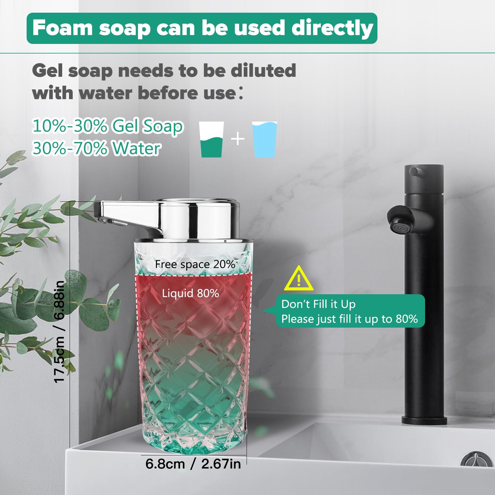 Dispensador automático de jabón de espuma para cocina: dispensador de jabón de espuma automático transparente de vidrio de 11 onzas para baño, loción para platos de mano, encimera de hogar, niños