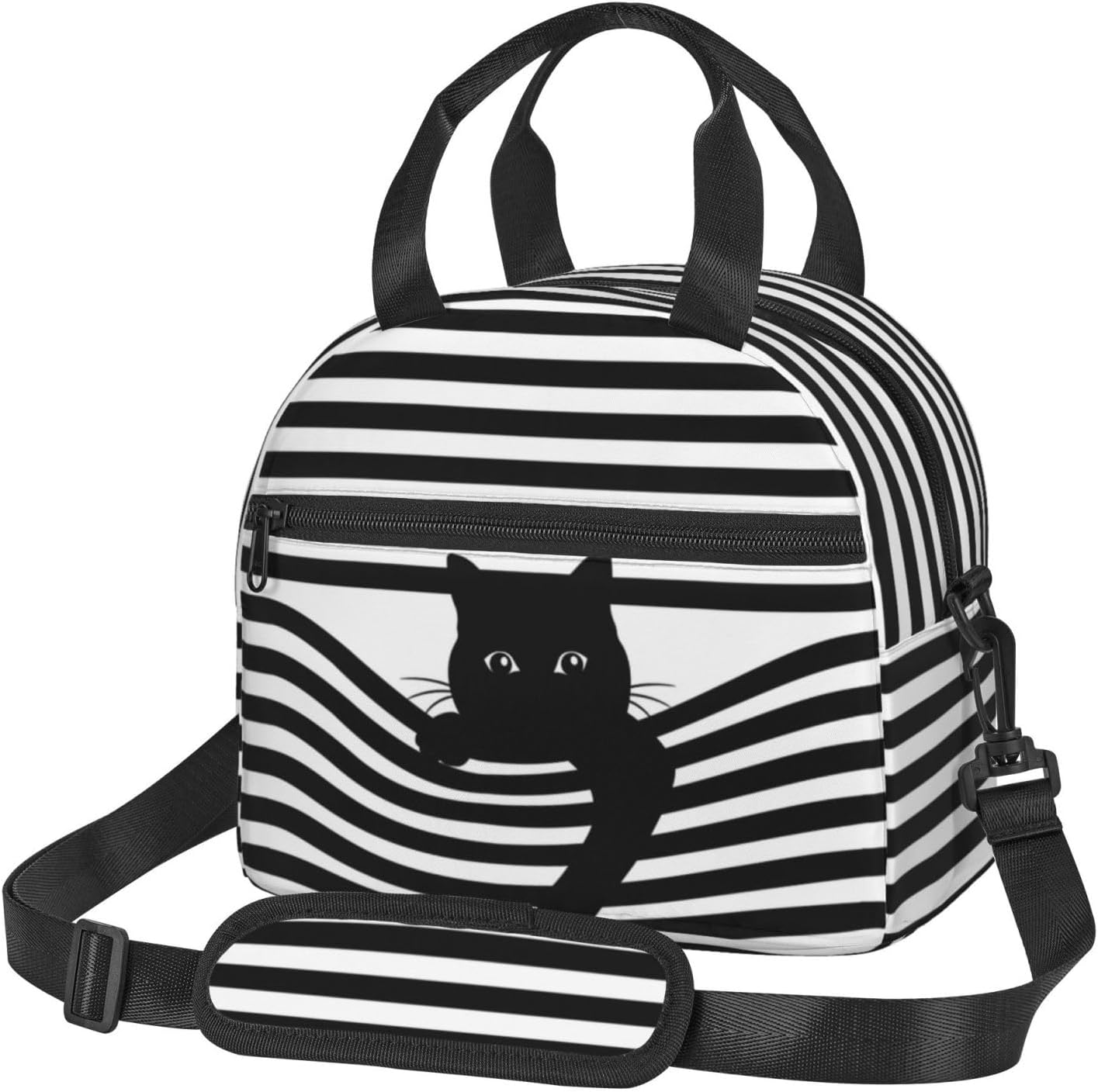 Tezmd Black Cat Reusable Insulated Lunch Box Waterproof Lunch Bag with Detachable and Adjustable Shoulder Strap for Office Picnic or Travel