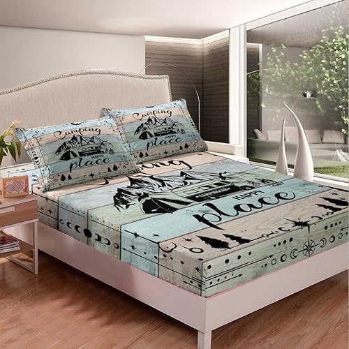 Vista 64 de Camper Decor Sábanas de cama Happy Camping, sábana bajera ajustable de campamento con juego de cama de montaña, juego de cama de verano para Multi 04