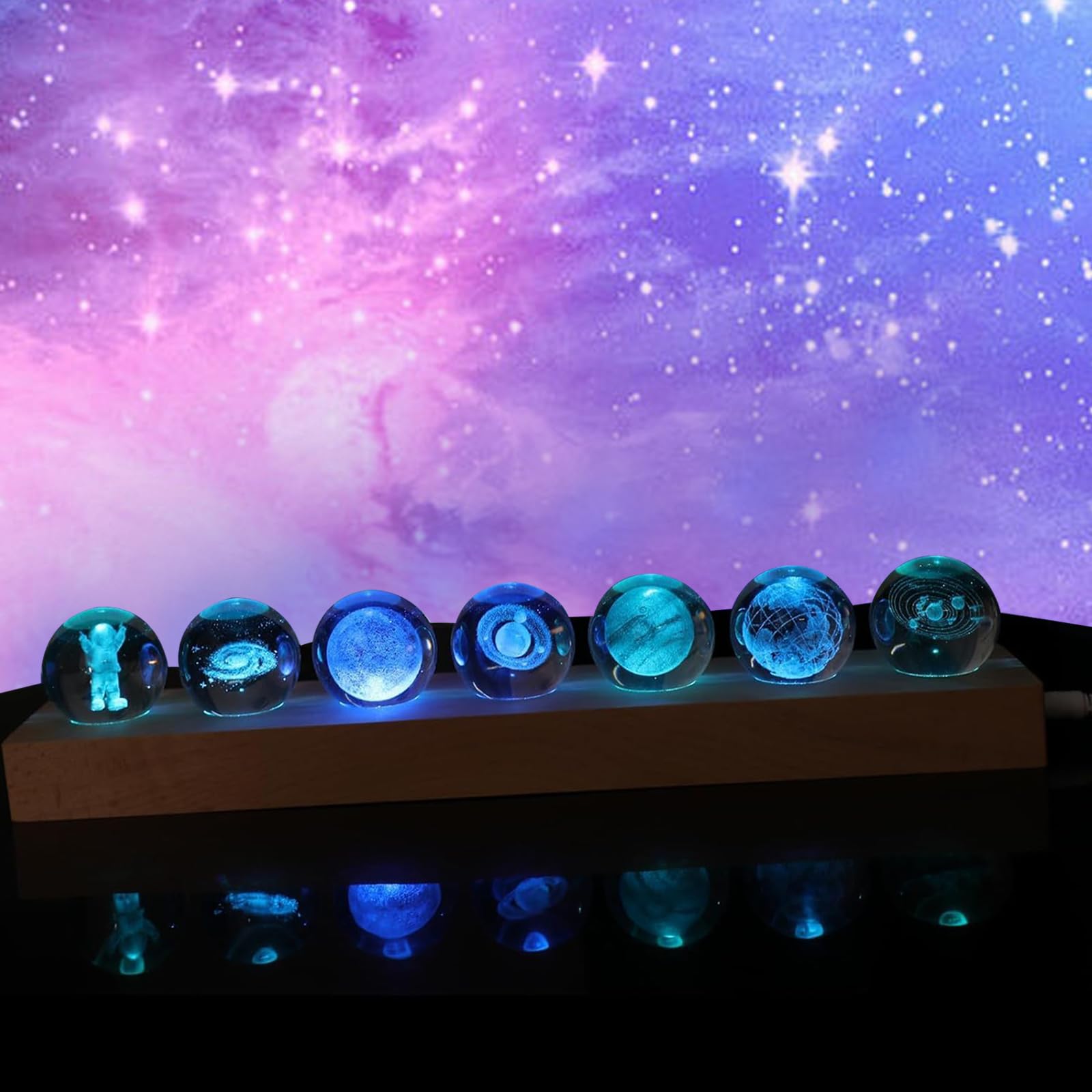 3D Kristallkugel Nachtlicht, 7 Planet Sonnensystem Glaskristallkugeln mit LED Holzsockel, 40mm Glaskugel LED Ball Lampe, Planeten Modell Kristallkugel Schreibtisch Dekor Astronomie Geschenk