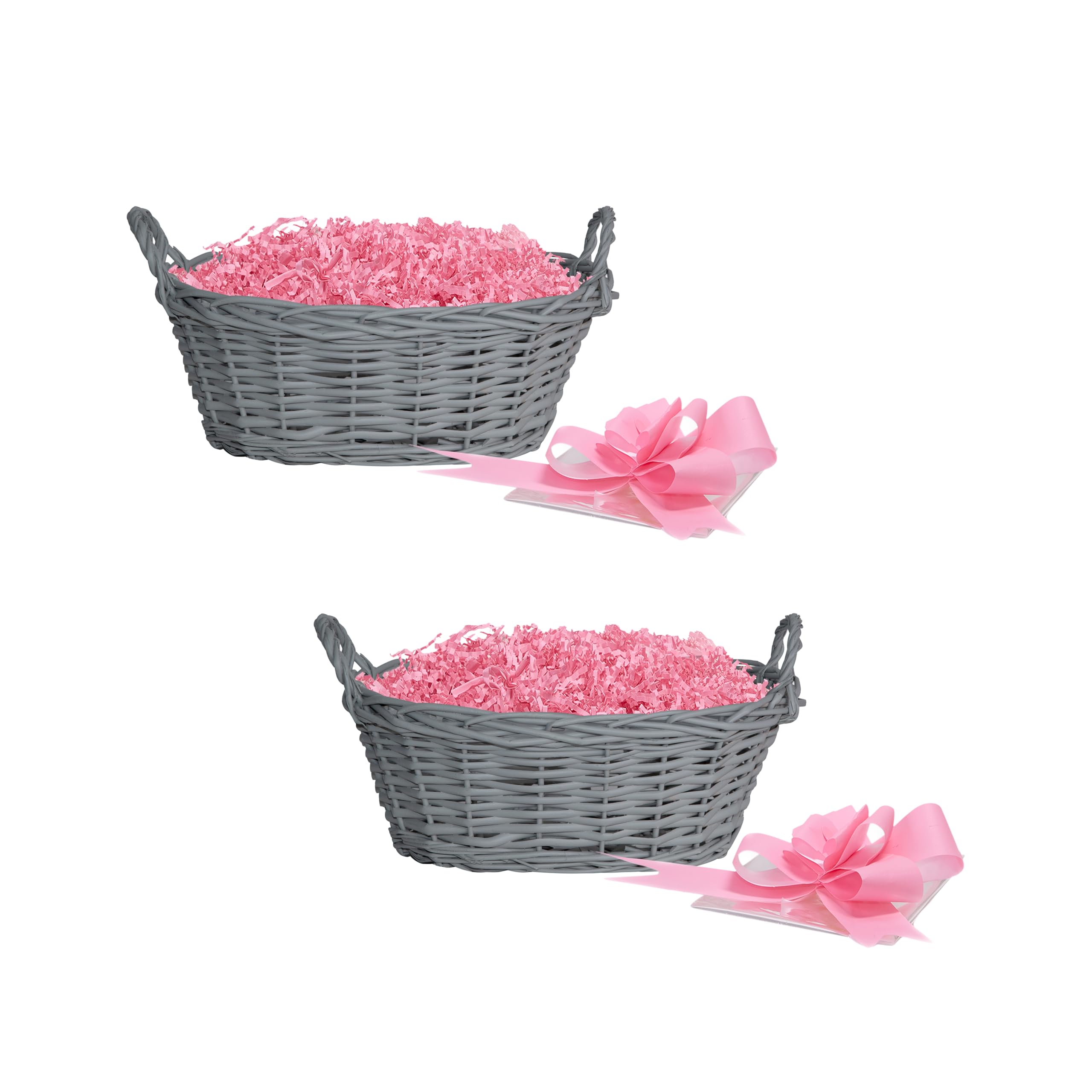 Wickerfield Grey Baskets, Pink Fillings Set Of 2 Handwoven Wicker Gift Baskets Diy Empty Hamper Kit For Christmas, Christening, Wedding, Birthday Gift (Grey Baskets, Pink Fillings)
