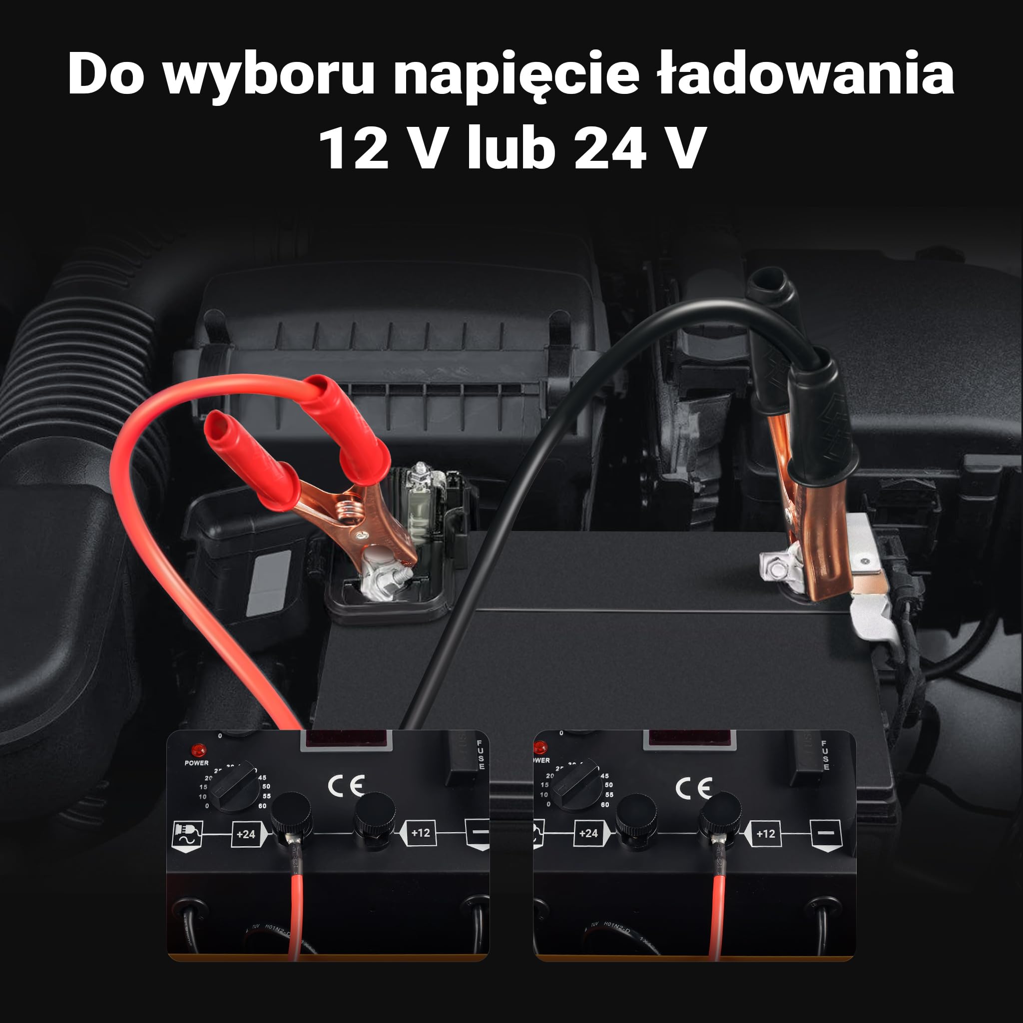 Wiltec Prostownik samochodowy z rozruchem 12/24 V, przenośna ładowarka do baterii akumulatora z timerem i zaciskami