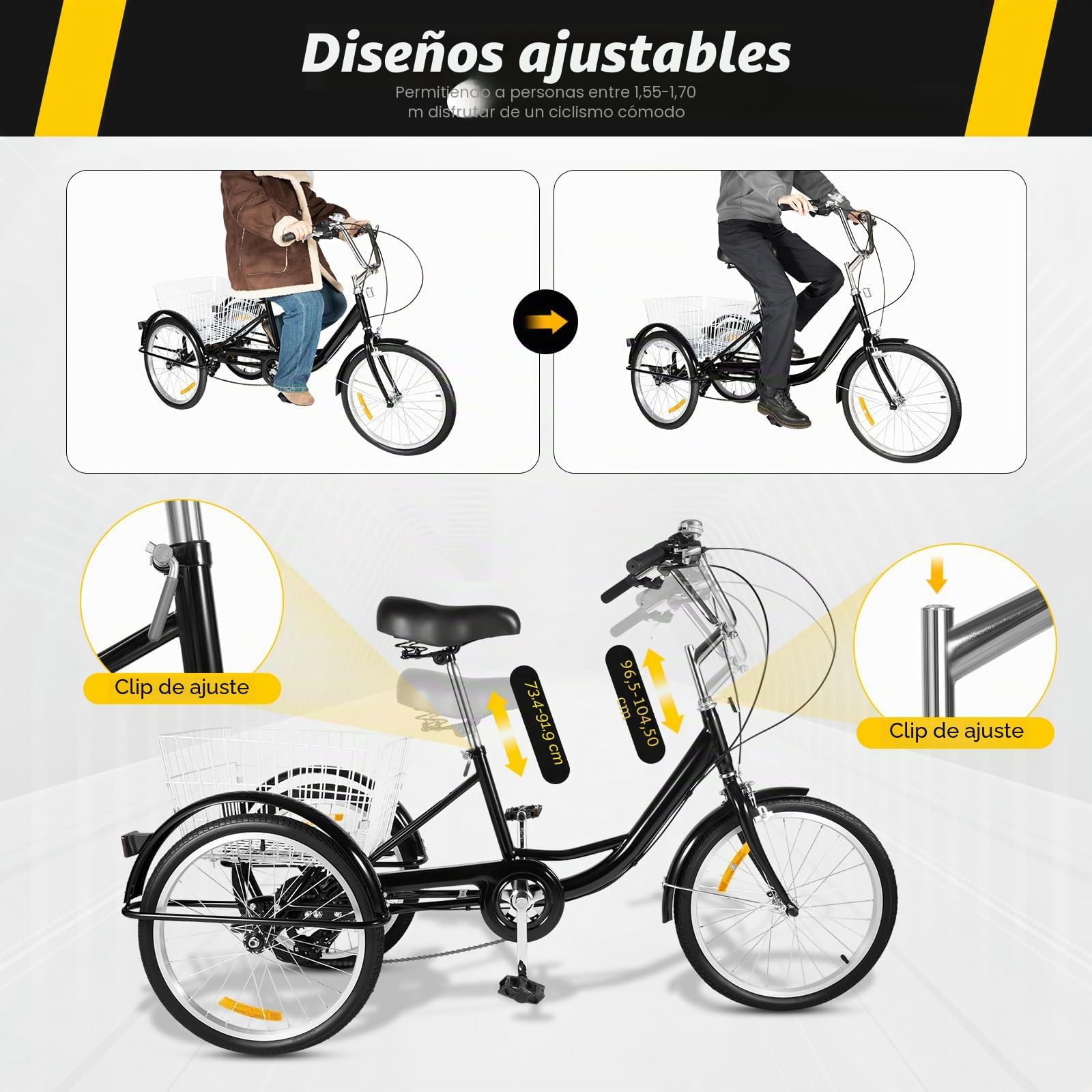 Triciclo adulto de 20 pulgadas, 8 velocidades, bicicleta de 3 ruedas con cesta trasera grande, asiento ajustable y manillar, marco de acero de alto carbono, bicicleta para personas mayores