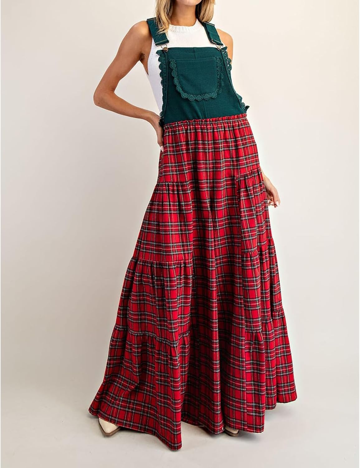 Christmas Plaid Overall Jumpsuit for Women Checkered Sleeveless Wide Leg Santa Claus Romper Xmas Playsuit - Image 4