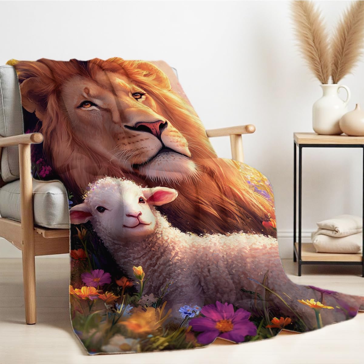 Lion and Lamb Throw Blanket Soft Flannel Christian Blanket for Bed Chair Couch Christian Decor Gifts for Women Men Adults 49"x59"