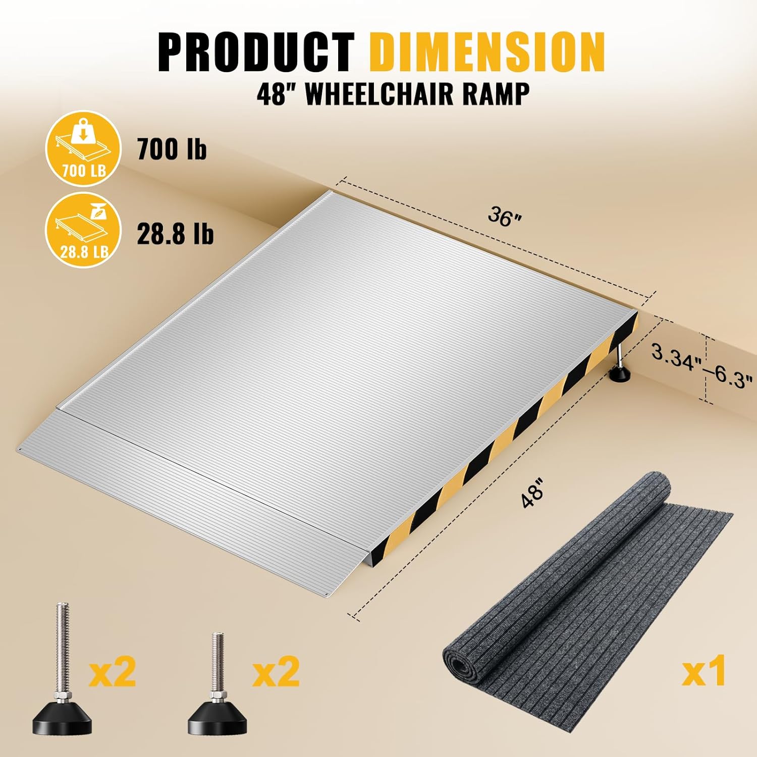 Aluminum Threshold Ramp for Doorways, Adjustable 3.34" to 6.3" Rise, 48" Portable Wheelchair Walker Ramp for Home with Adjustable Leveling Feet and Non-Slip Door Mat, for Steps, Curbs and Entryways