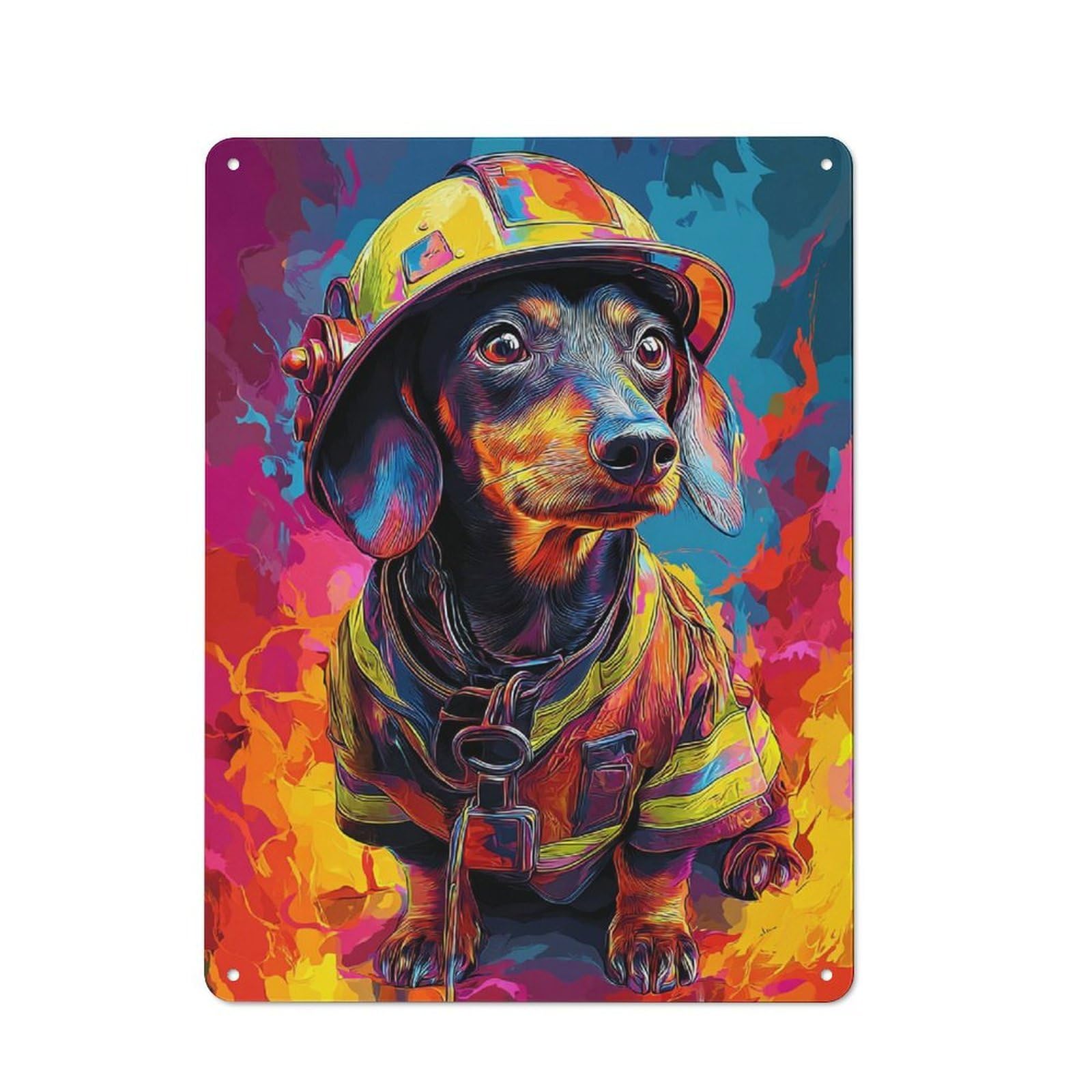 Junmoney Firefighter Dachshund Bravery In Color Decorative Tin Sign With Design 40X30cm, Classic Retro Room Decor For Kitchen, Hallway, Bar Or Small Cafe