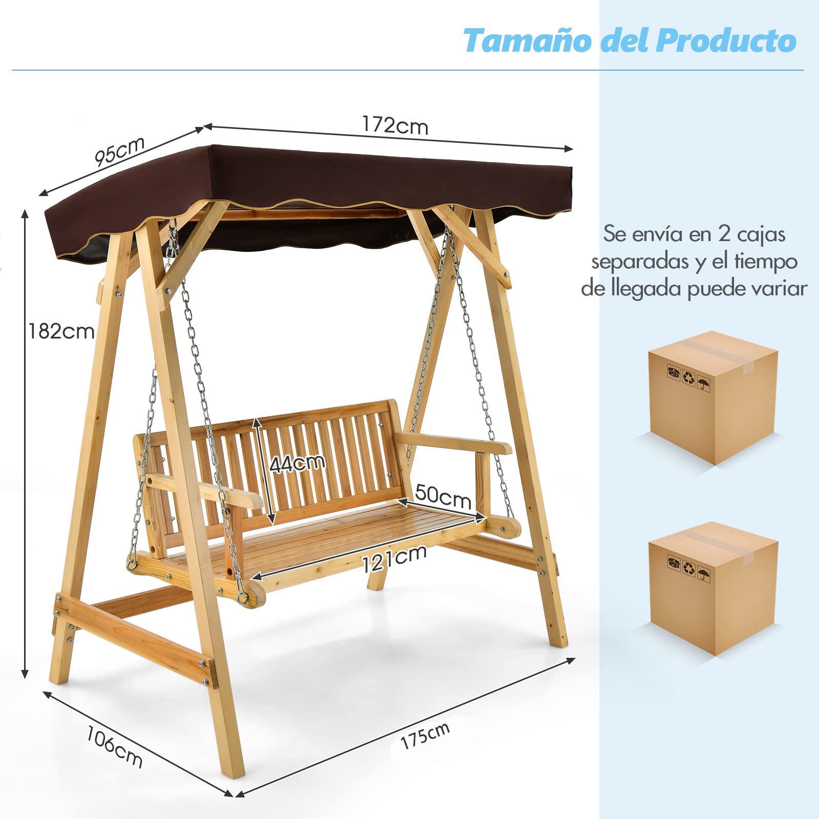 COSTWAY Columpio Balancin Jardin de Madera 2 Plazas,Toldo Ajustable, Silla de Madera de Columpio de Patio hasta 240kg, 175x106x182 cm, Porche, Patio Trasero, Balcón (con toldo)