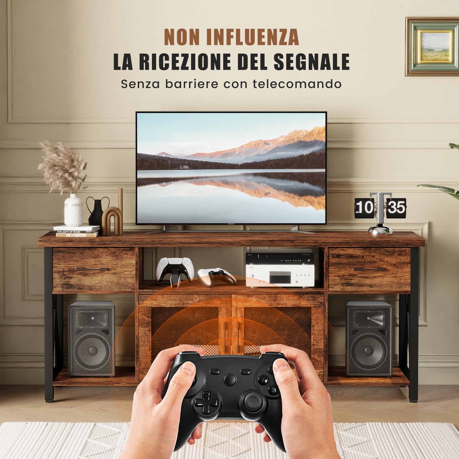 Mobile TV, Mobile Porta TV in Stile Industriale, Mobiletto TV in Legno da 140 cm Con due Mobili, per TV da 45/50/55 Pollici, per Soggiorno, Sala da Pranzo e Camera da Letto
