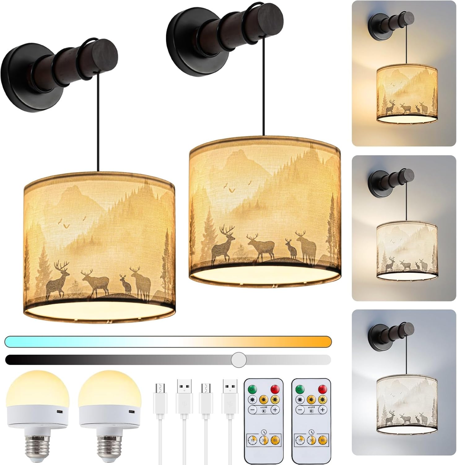 Deer Plug in Wall Sconces Set of 2, Rustic Wall Sconce with Adjustable Cord & Wooden Arm, Western Wall Light Fixtures, Forest Wall Lamps for Bedroom, Living Room
