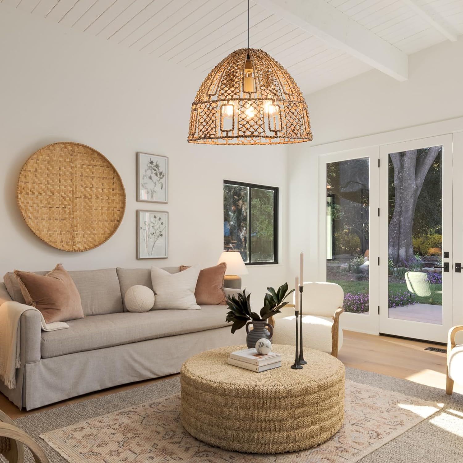 17.71" Rattan Pendant Light,Boho Hand Woven Wicker Hanging Light Seagrass Rattan Chandelier for Dining Living Bedroom