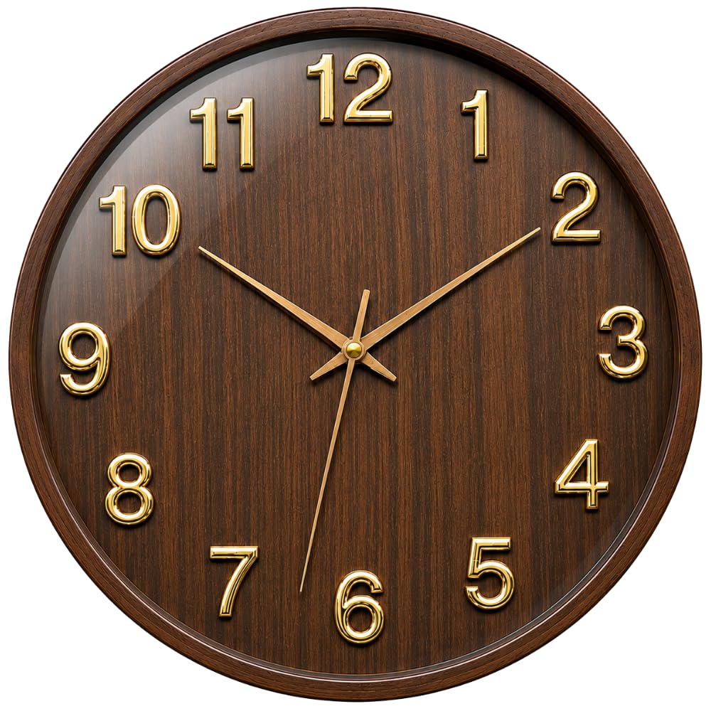 STAR WORK 14” Inch Silent Wall Clock – Wood Finish Analog Clock with Gold Numerals, Non-Ticking Quartz Movement, Modern Decorative Wall Clock for Living Room, Bedroom & Office. (Brown 14-inch (35cm)-image-44