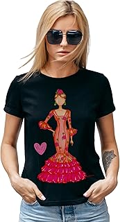 Camiseta Entallada de Manga Corta para Mujer, con Traje de Flamenca Mónica, Camiseta Negra - Talla M - Monica