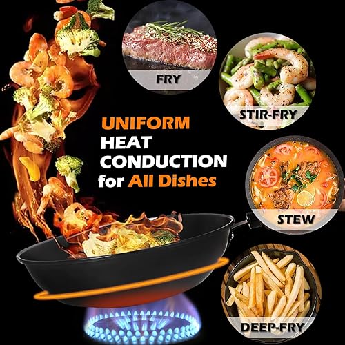 Miniatura 2 de Clatine Sartén Wok de acero al carbono wok y sartén para saltear de 13 pulgadas sin revestimiento químico con tapa y espátula wok chino