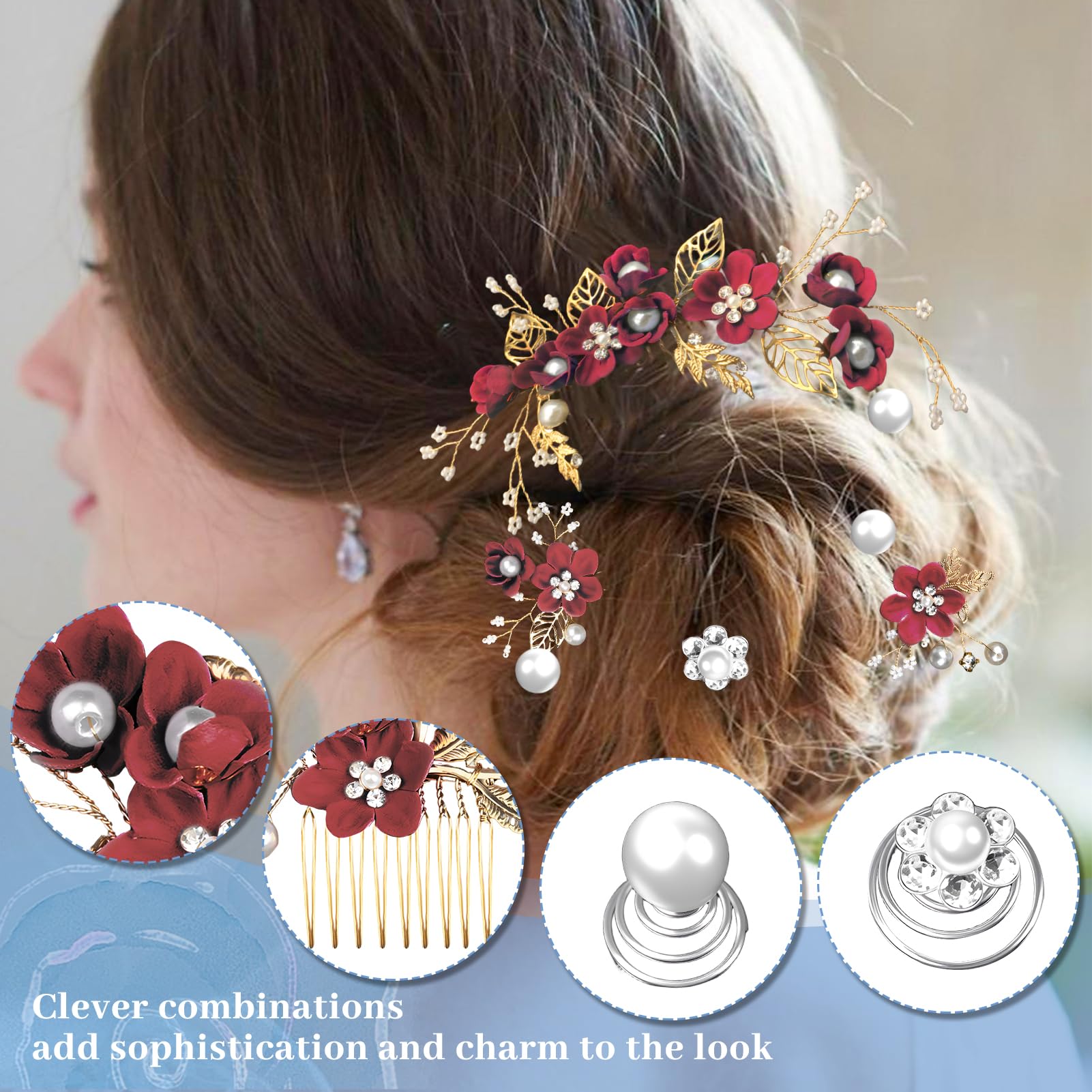 16PCS Burgundy Hair Accessories, Flower Bridal Hair Comb & U-Shaped Pins & Spiral Twist Pearl Hair Decorations - Image 3