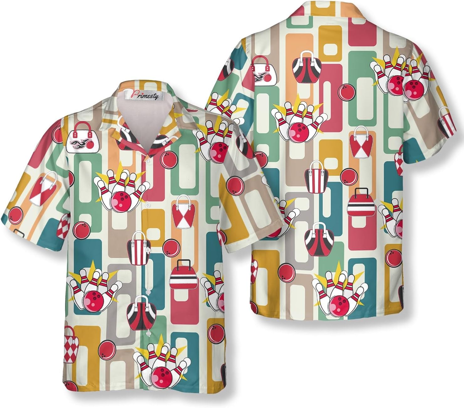 PRIMESTY Bowling Men's Hawaiian Shirts, Bowling Shirts for Men, Casual Short Sleeve Bowling Shirts, Size S-5XL