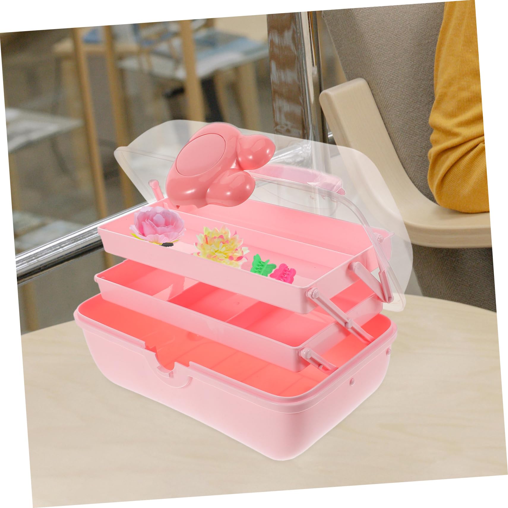 GLEAVI Haargummi Organizer für Mädchen Kunststoff Aufbewahrungsbox mit 3 Ebenen und Fächern Rosa Praktisch für Schreibtisch
