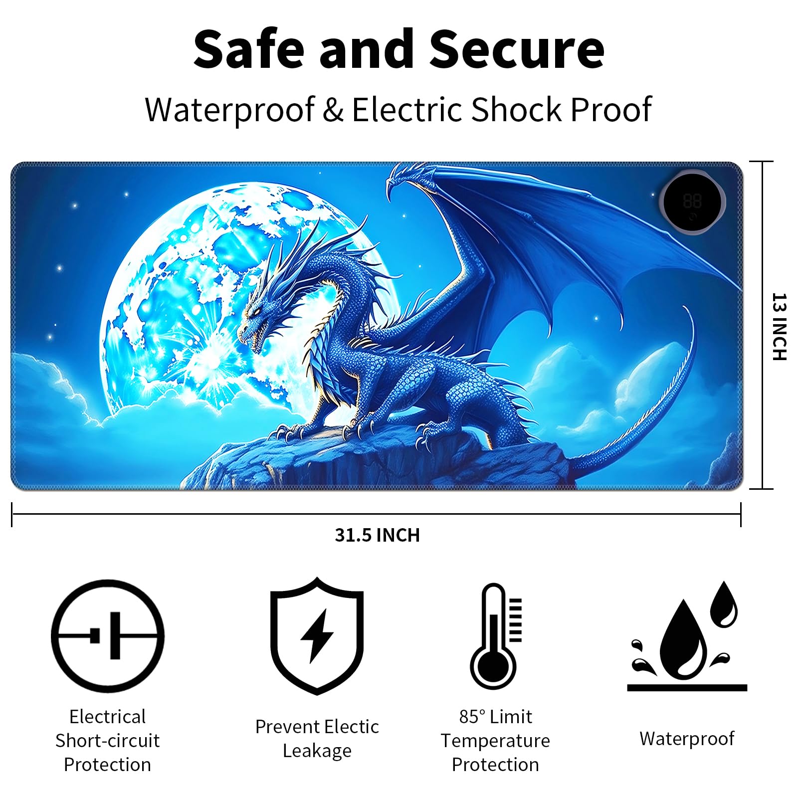 Tapis de souris chaud avec 3 niveaux de chauffage et arrêt automatique en 3 heures - 80 x 33 cm - En cuir synthétique - Pour la maison et le bureau - Dragon