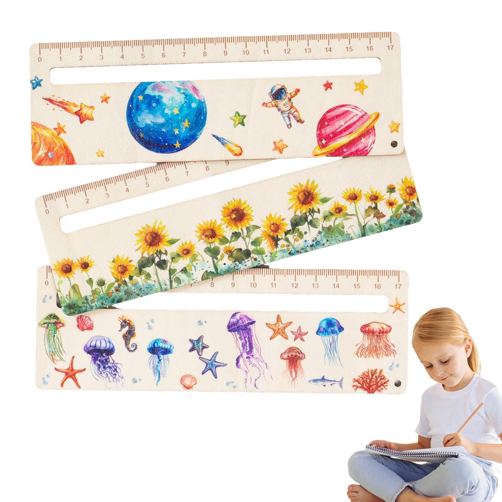 Reading Tools for Kids,Cartoon Wooden Bookmark - Wood Reading Tracking Rulers, Classroom Supplies Jellyfish Flower Planet Pattern Reading Strips for School Home