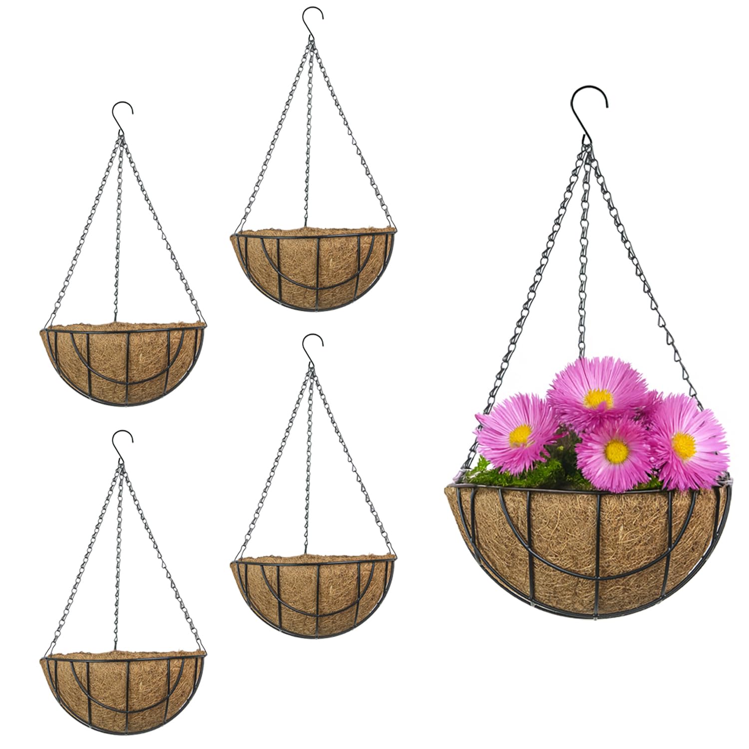 Woodside Brown Hanging Basket With Coco Liner 30Cm – 4 Pack Hooped Hanging Plant Baskets With Strong Chain & Hook, Powder Coated Steel Garden Hanging Flower Planters