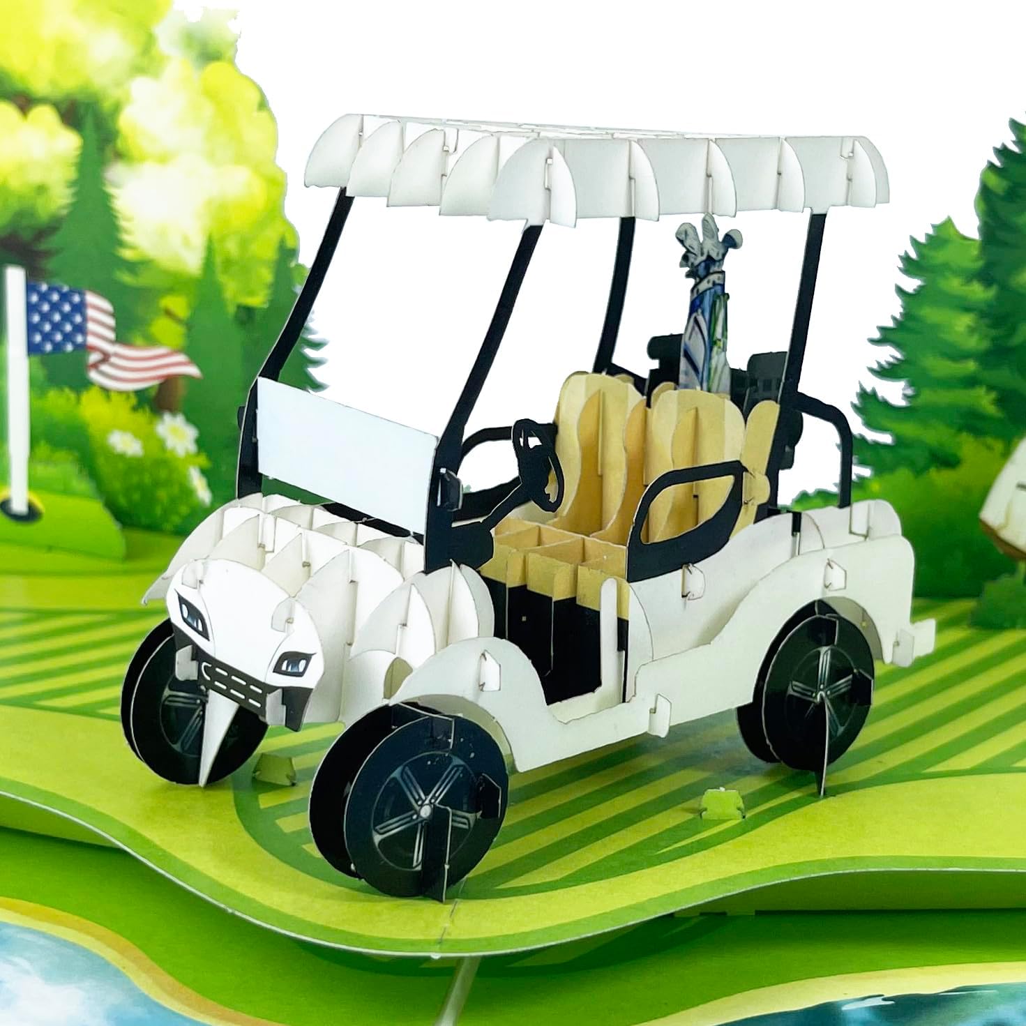 3D Golf Cart Popup Card - Handmade Paper Art for Birthday, Anniversary, Christmas, Father’s Day - Unique Greeting Card Gift for Him, Her, Mom, Dad, Son, Daughter, Husband, Boyfriend, Golfer