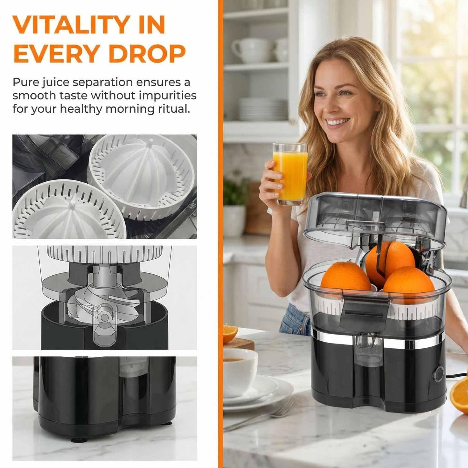 Exprimidor eléctrico de cítricos con cabezales de exprimido duales, exprimidor automático de naranja y limón, alto rendimiento, fácil de limpiar, operación con un solo toque para uso doméstico