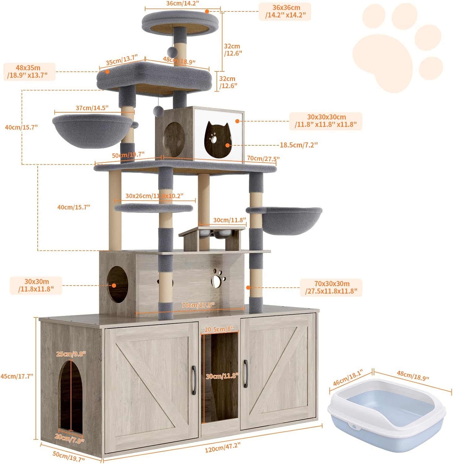 HavenlyYouth Cat Tree with 2 Litter Box Enclosures, All-in-One Cat Tower, Cat Condo with Sisal Scratching Posts, Hammocks, Detachable Plush Ball, Wooden Cat Furniture with Large Platforms, Grey