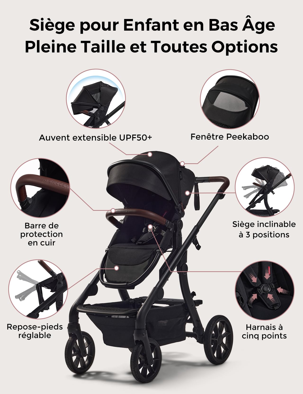 Momcozy ChangeGo Poussette Bébé, Convertible, Auvent Extensible, UPF 50+ | 5 Configurations, Simple-Double-Chariot, Nacelle, Siège, Grandes Roues PU, Suspension, Voyage, Cadeau