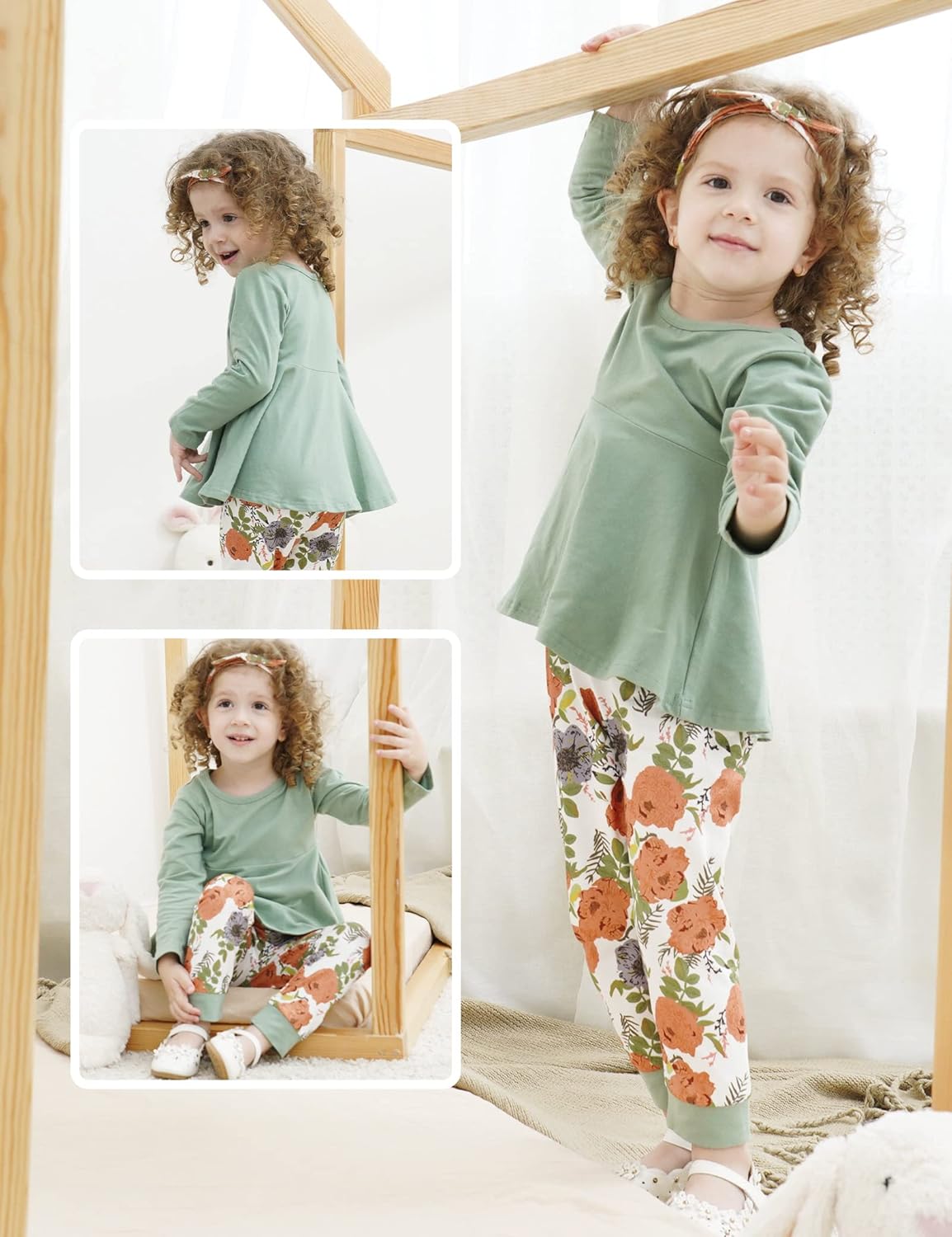 Toddler Baby Girl Clothes Solid Color Ruffle Tops Floral Pants with Headband Outfit Set - Image 2
