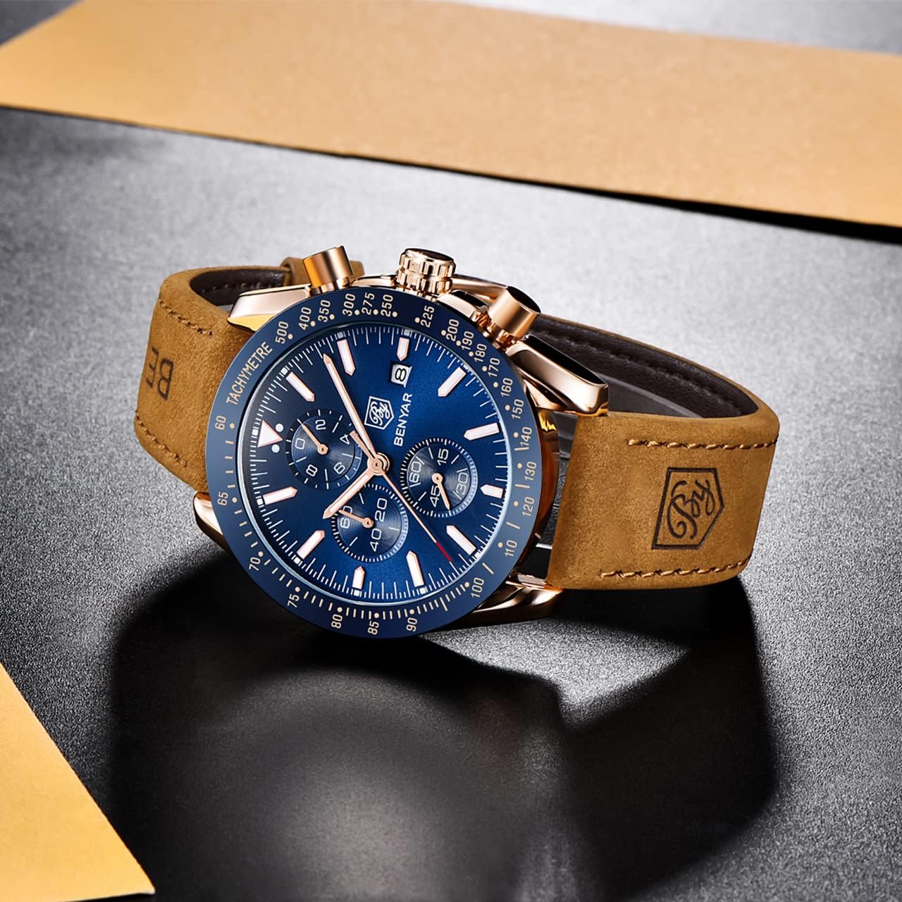 BENYAR Men's Business Analog Chronograph Quartz Watch 30M Waterproof Luminous Date Display Fashion Casual Watch Sports Multi-Dunctional Leather Watch(Gold Blue) - Image 5