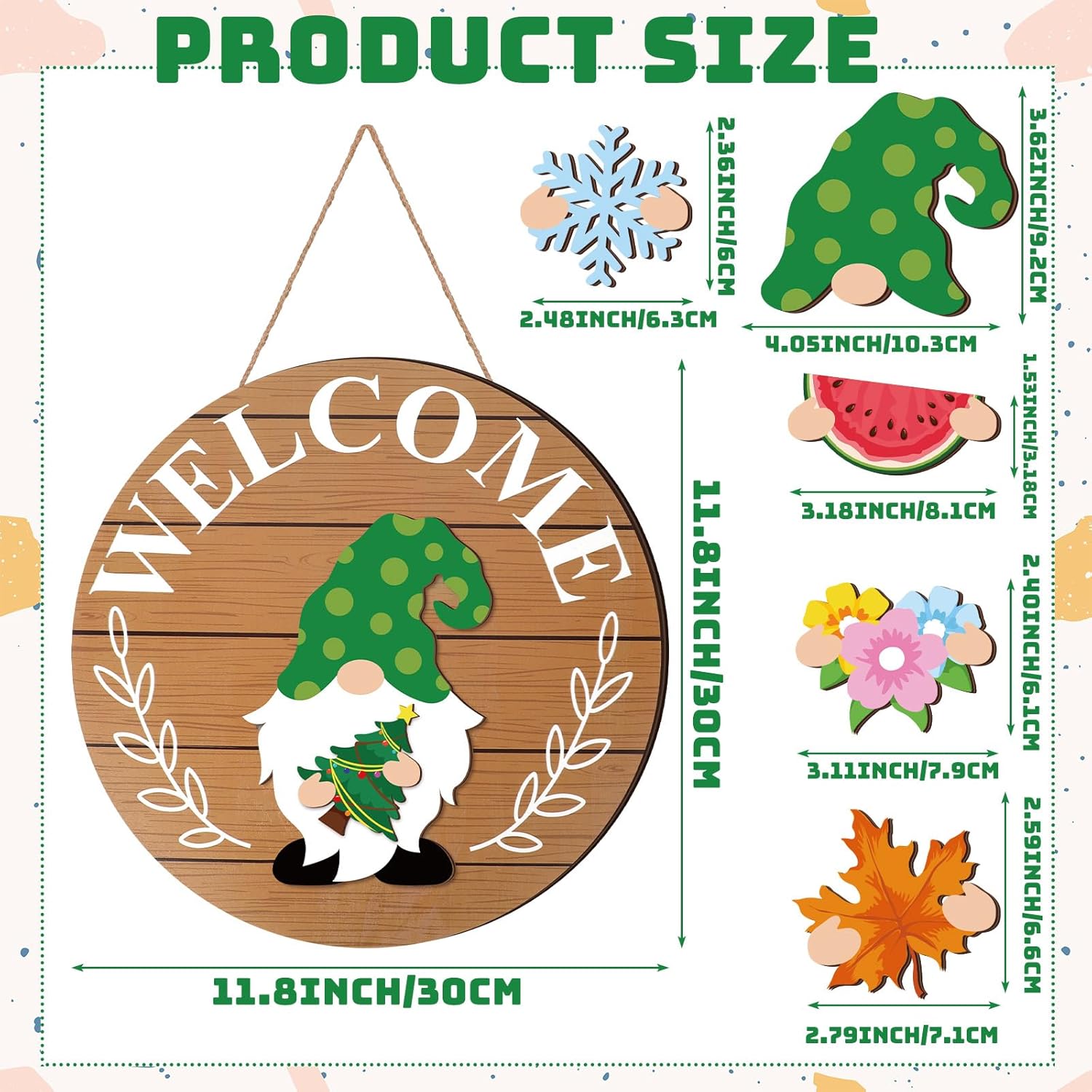 Qunclay Interchangeable Wooden Gnome Decor Holiday Seasonal Gnome Decorations with Magnet Pieces and Detachable Hats Changeable Welcome Sign for Home(Simple Style) - Image 3