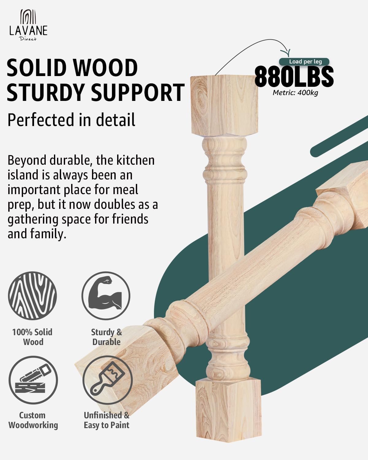 La Vane 35 1/2-inch H 5-inch W 5-inch D Solid Wood Kitchen Island Legs, Set of 2 Traditional Unfinished Massive Replacement Cabinet Columns Countertop Legs for Large Dining Table & Kitchen Table