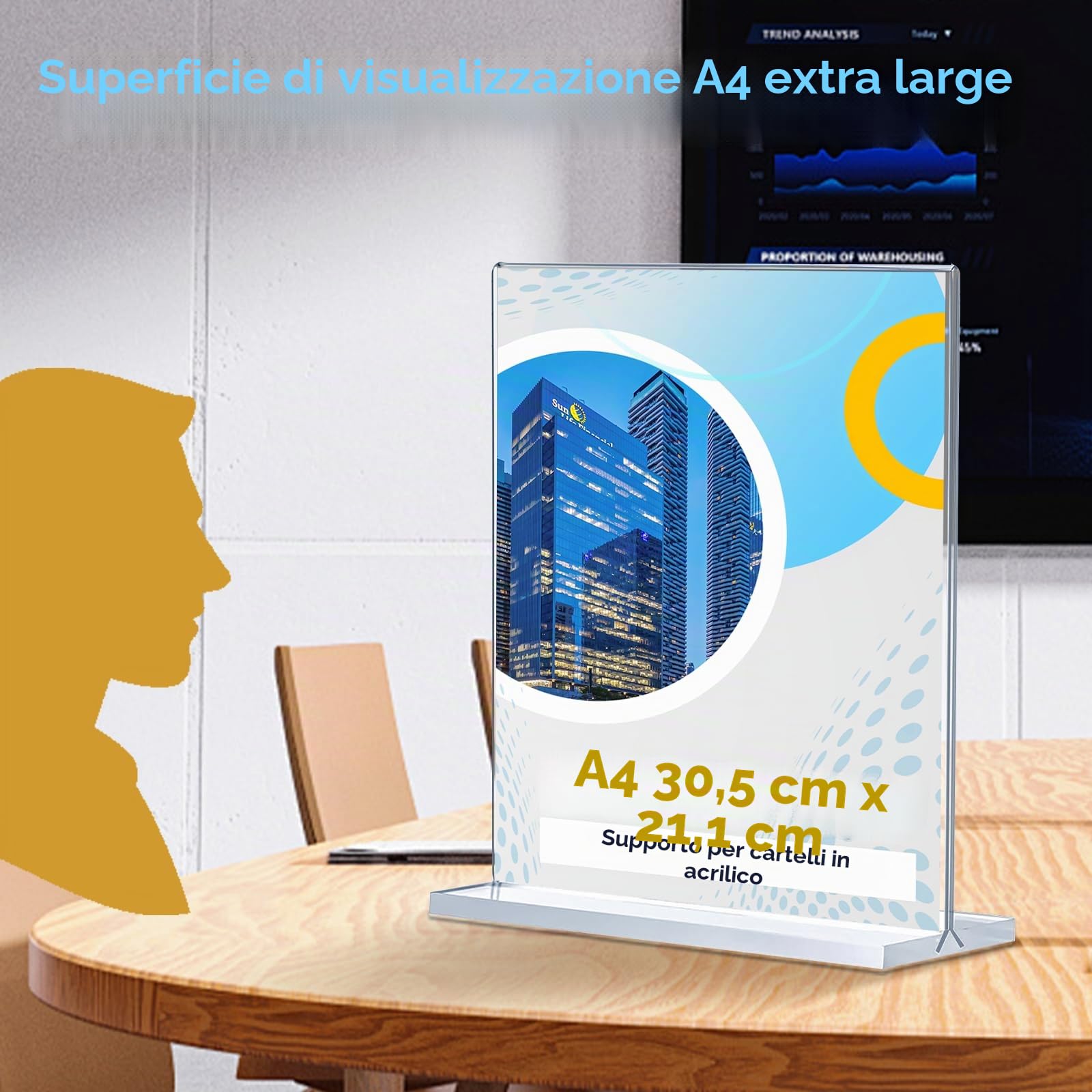 4 pezzi di espositore plexiglass A4, portamenu da tavolo in acrilico, supporto verticale trasparente bifacciale per porta foto da tavolo per ristoranti, hotel, negozi e uffici
