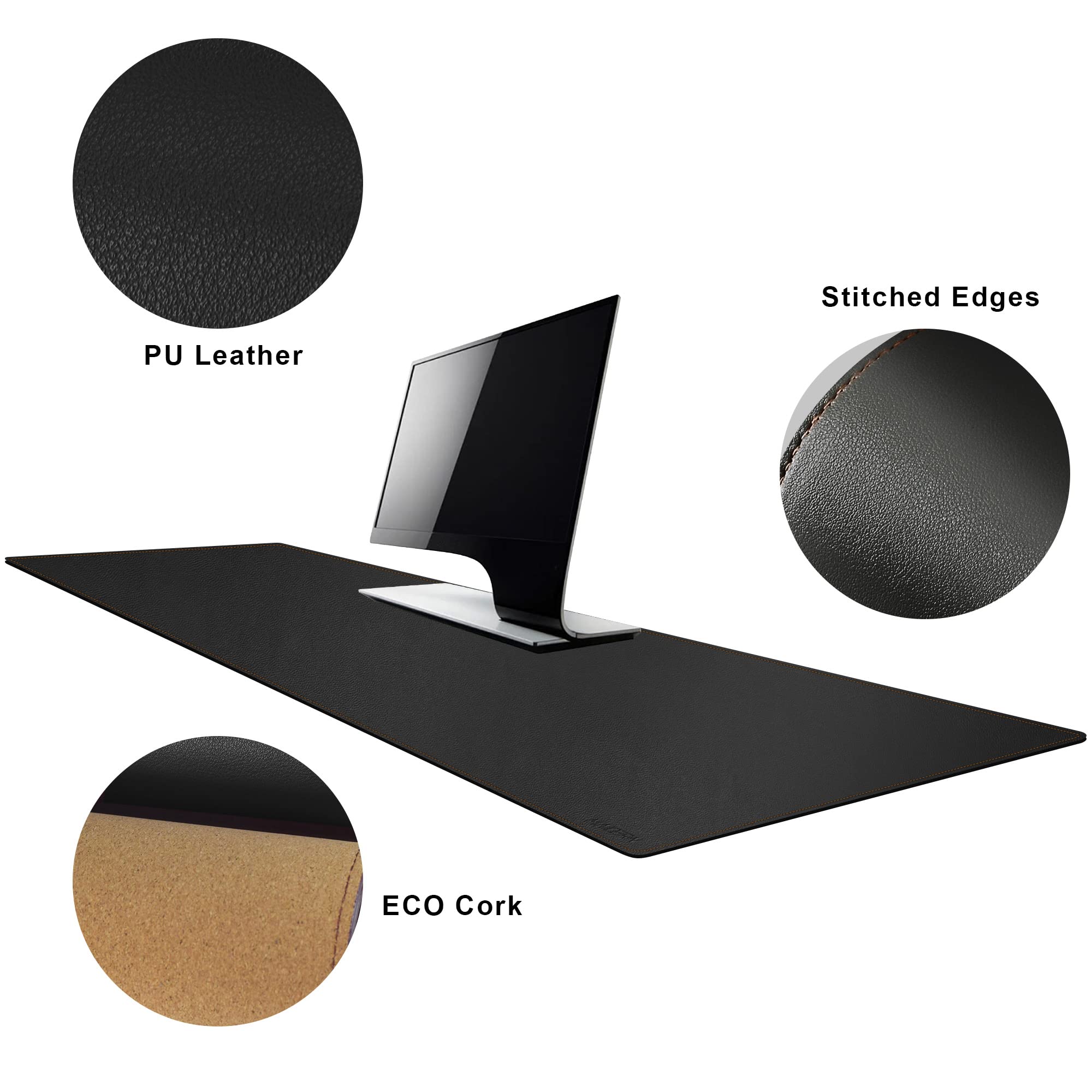 MAIDERN Tappetino Scrivania pelle in Sughero,100x40cm sottomano scrivania bifacciale,Tappetino per Mouse impermeabile e antiscivolo ,per Casa/Ufficio(Nero)