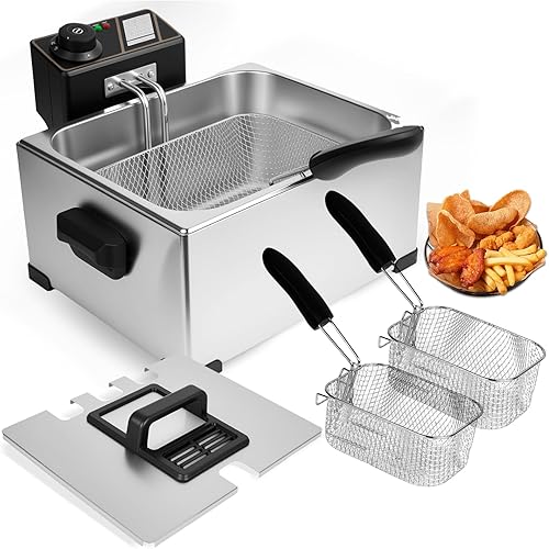 Freidora profunda con 3 cestas y tapa, capacidad de aceite de 5.3 cuartos de galón5 litros, freidora eléctrica de 2500 W con control de temperatura