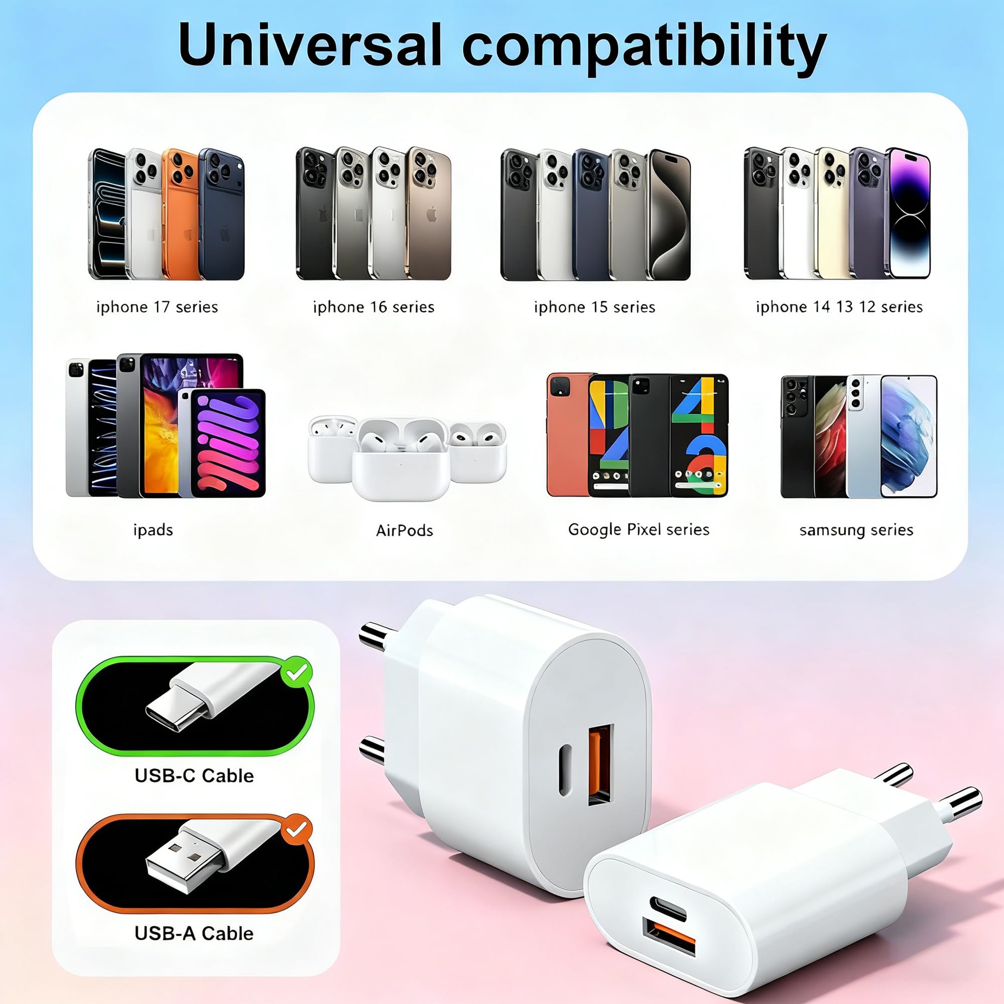 Szybka ładowarka do iPhone'a 17, 16, 15, 14, 13, 12, 11,2-portowa (QC), 25 W, wiele zasilaczy USB do iPhone'a 16 15 14 13 12 11 Pro/Pro Max / Plus, Mini X XS XR SE, iPad, Samsung Galaxy S25, S24 Ultra | 2 porty USB C zasilacz do iPhone'a 17/16/16 Pro/16 P
