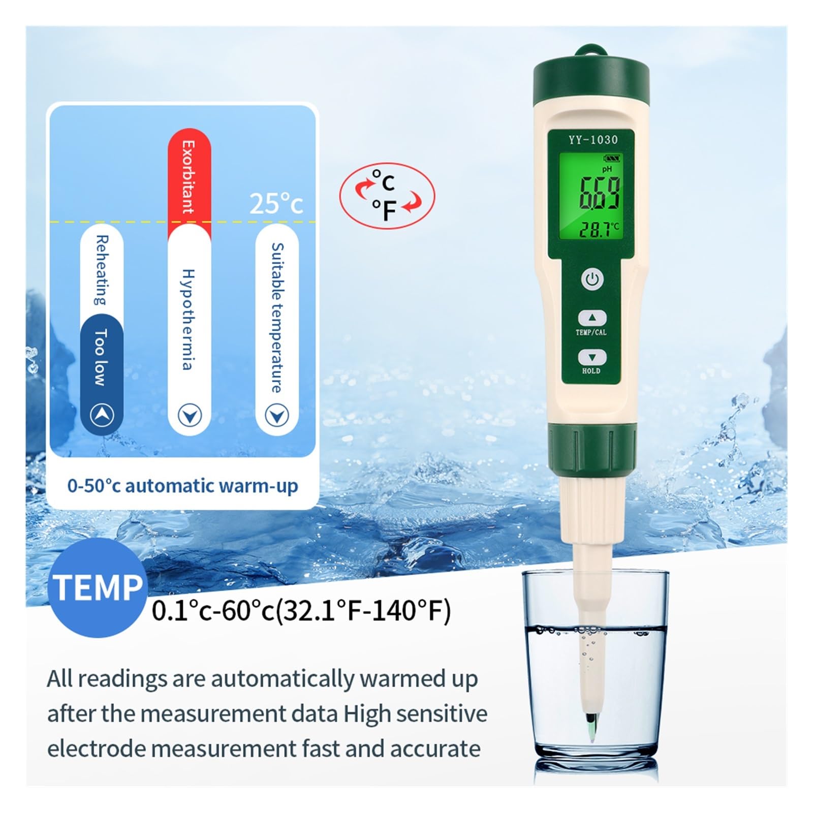 Tester miernika PH, YY1030 Tester PH żywności Alkalimetr ciasta Sery owocowe Kosmetyki Miernik PH 0.00-14.00 Matryca gleby Detektor PH Temperatura Tester kwasowości,Woda pitna, Hydroponika, SPA, Brow