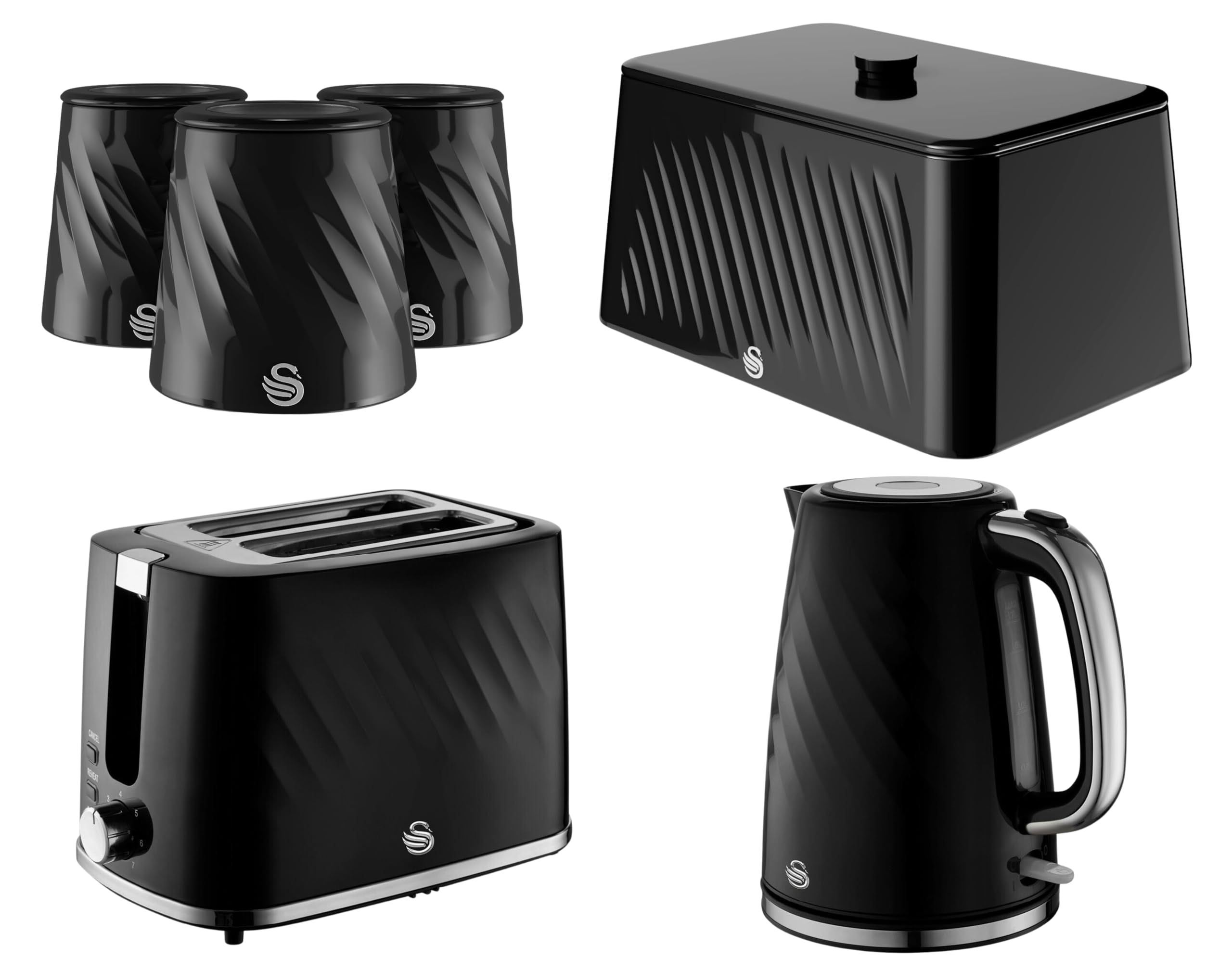 Swan Windsor Kitchen Set in Black - 1.7L 3KW Kettle, 2 Slice Toaster, Breadbin & 3 Canisters. Contemporary Matching Set in Black with Textured Finish with Chrome Accents