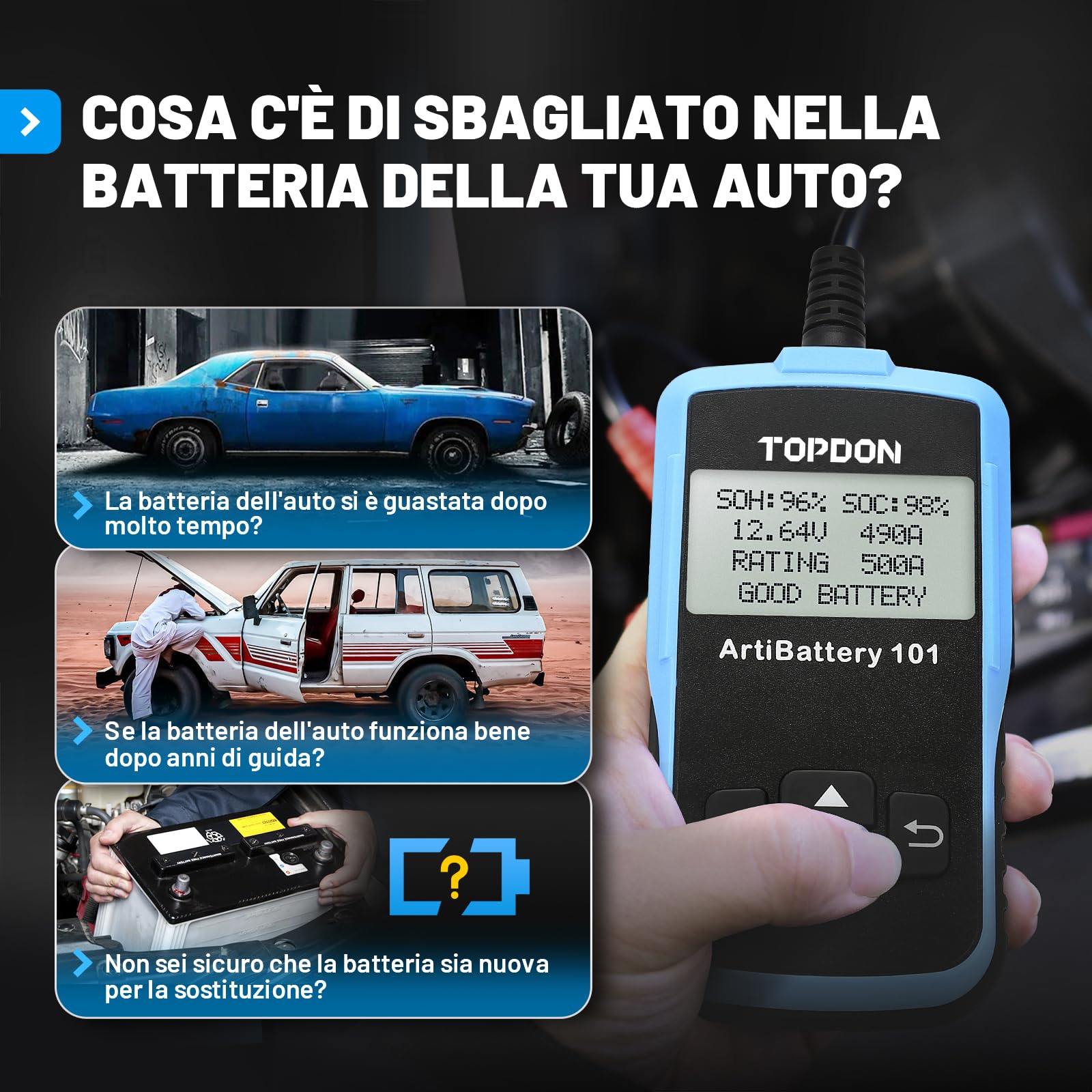 TOPDON ArtiBattery AB101 Tester Batteria 12V Analizzatore Digitale 100-2000 CCA Alternatore Strumento di Scansione Sistema di Avviamento e Ricarica per Auto SUV e Camion Leggeri