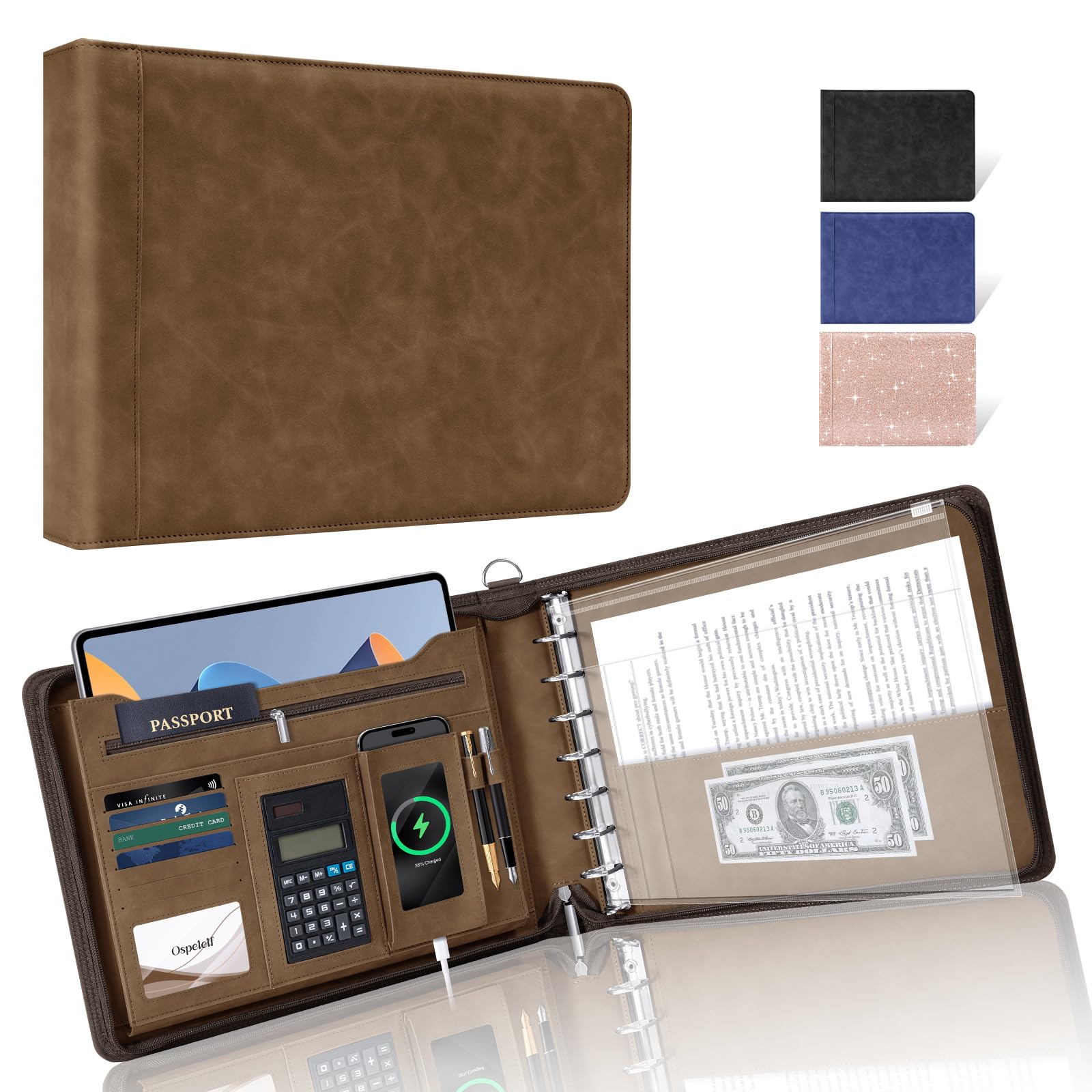 Ospelelf Brown Zippered 7 Ring Check Binder